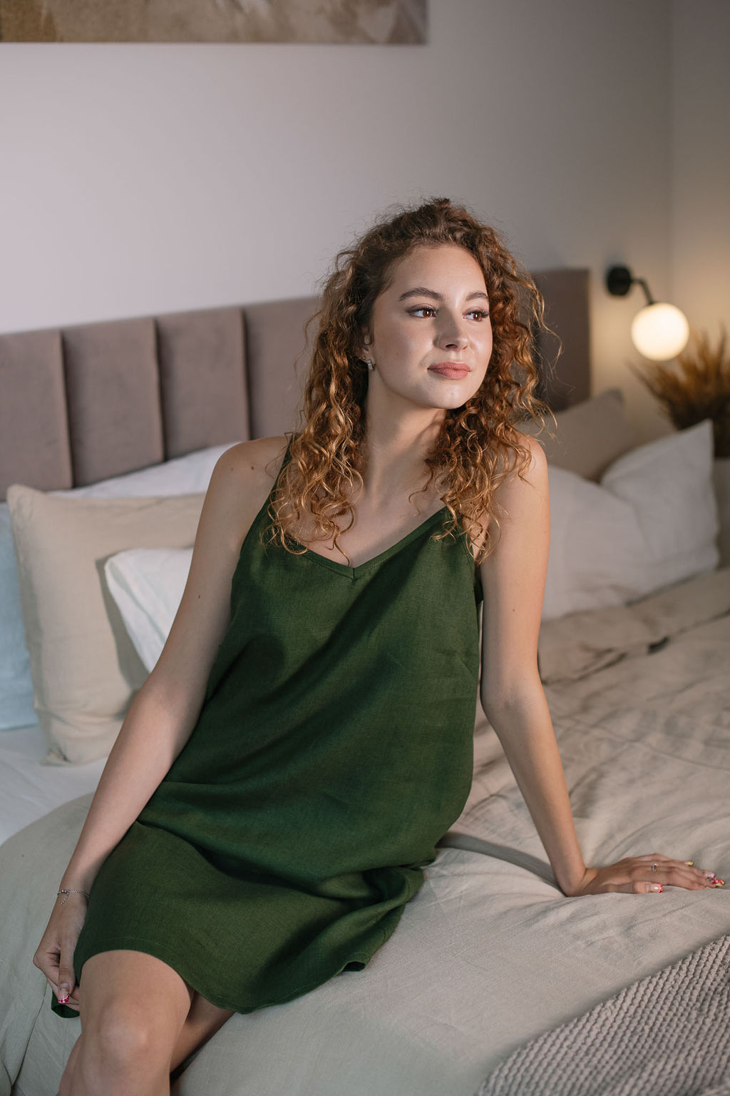 Amber Linen womens vegan Nightgown Lisa Forest Green