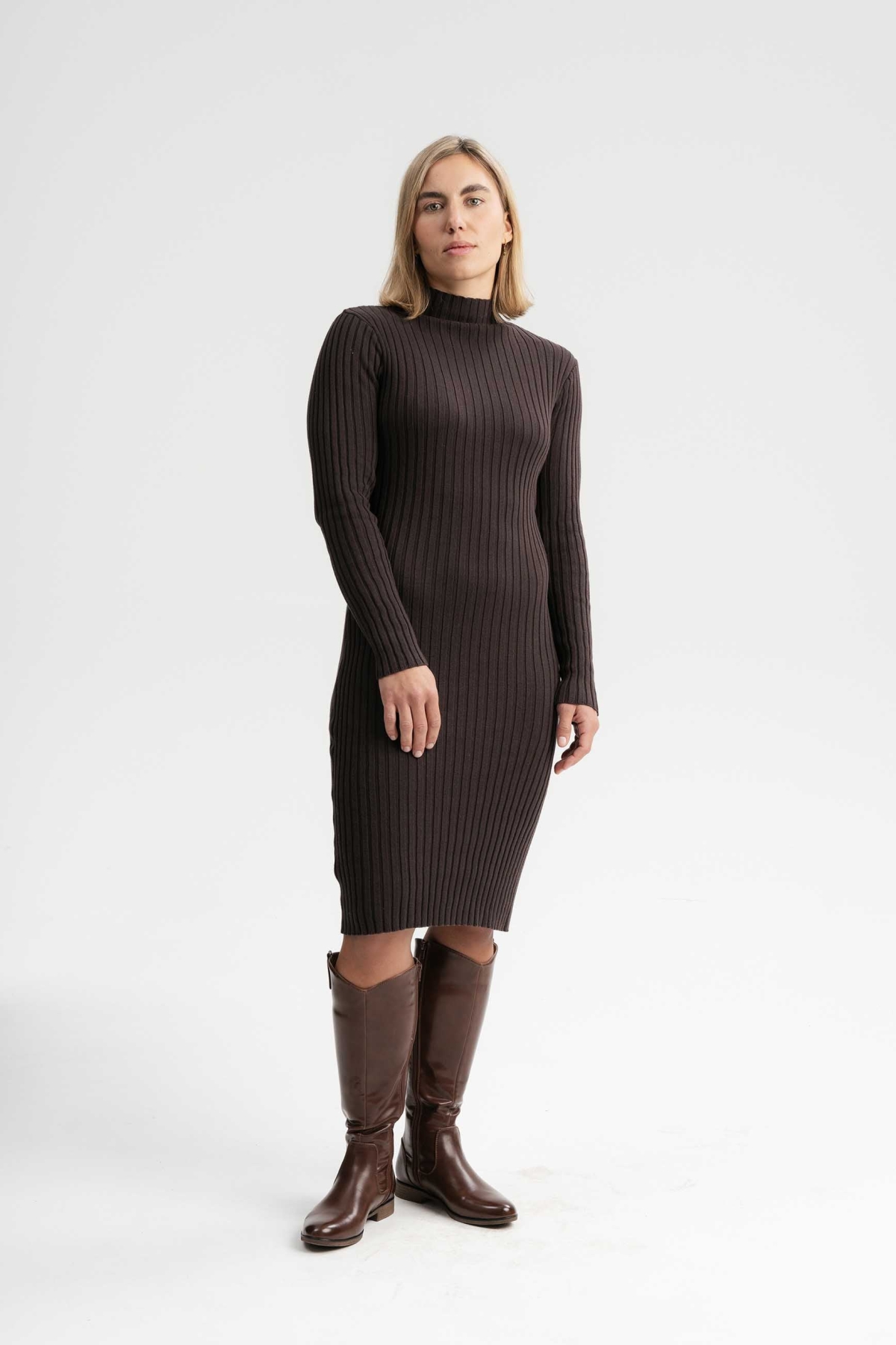Image of MELA dames vegan Jurk Shivani Rib Donkerbruin