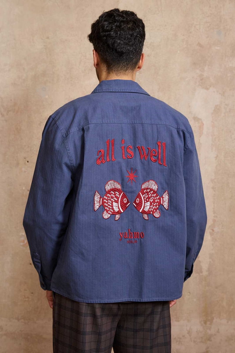 Yahmo Herren vegan Jacke Workwear Bestickte Fritz Blau