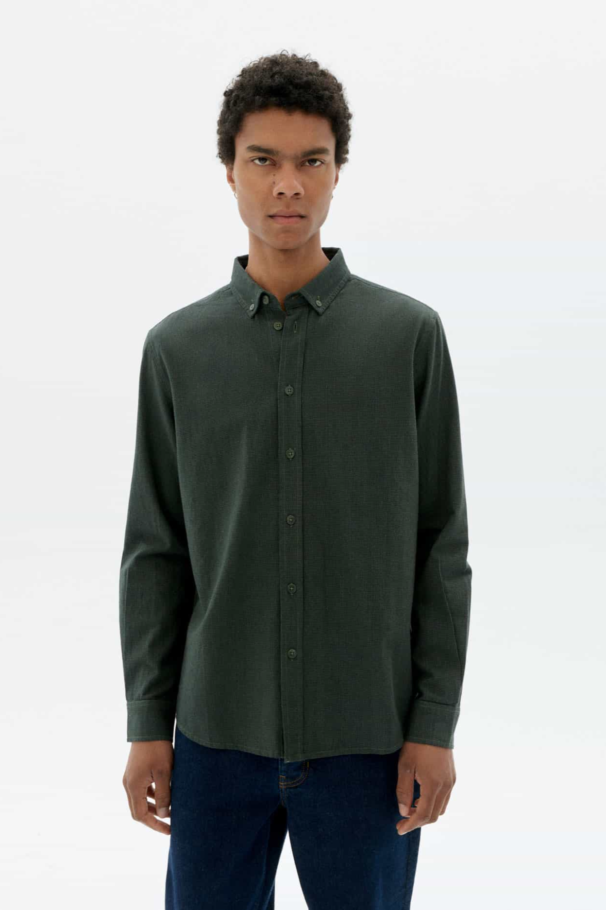 Thinking mu Herren vegan Hemd Ant Microchecks Dunkel Eukalyptus