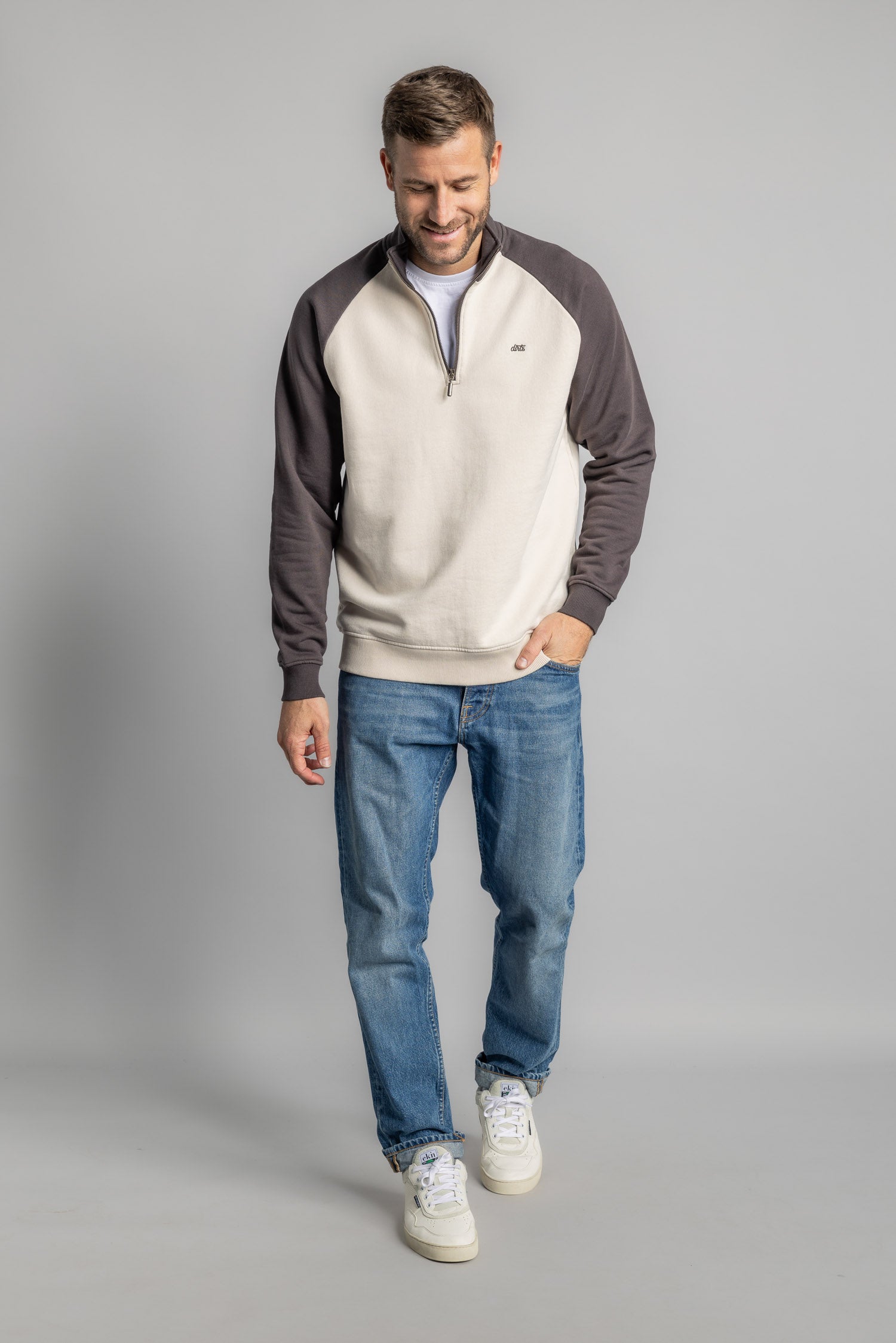 DIRTS men vegan Sweater Color Block Quarter Zip Oat Milk/Chestnut