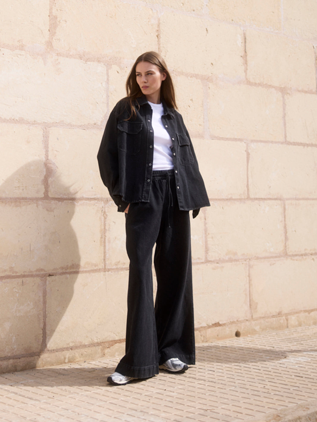 WOTE womens vegan Pants Denim Wide Leg Black