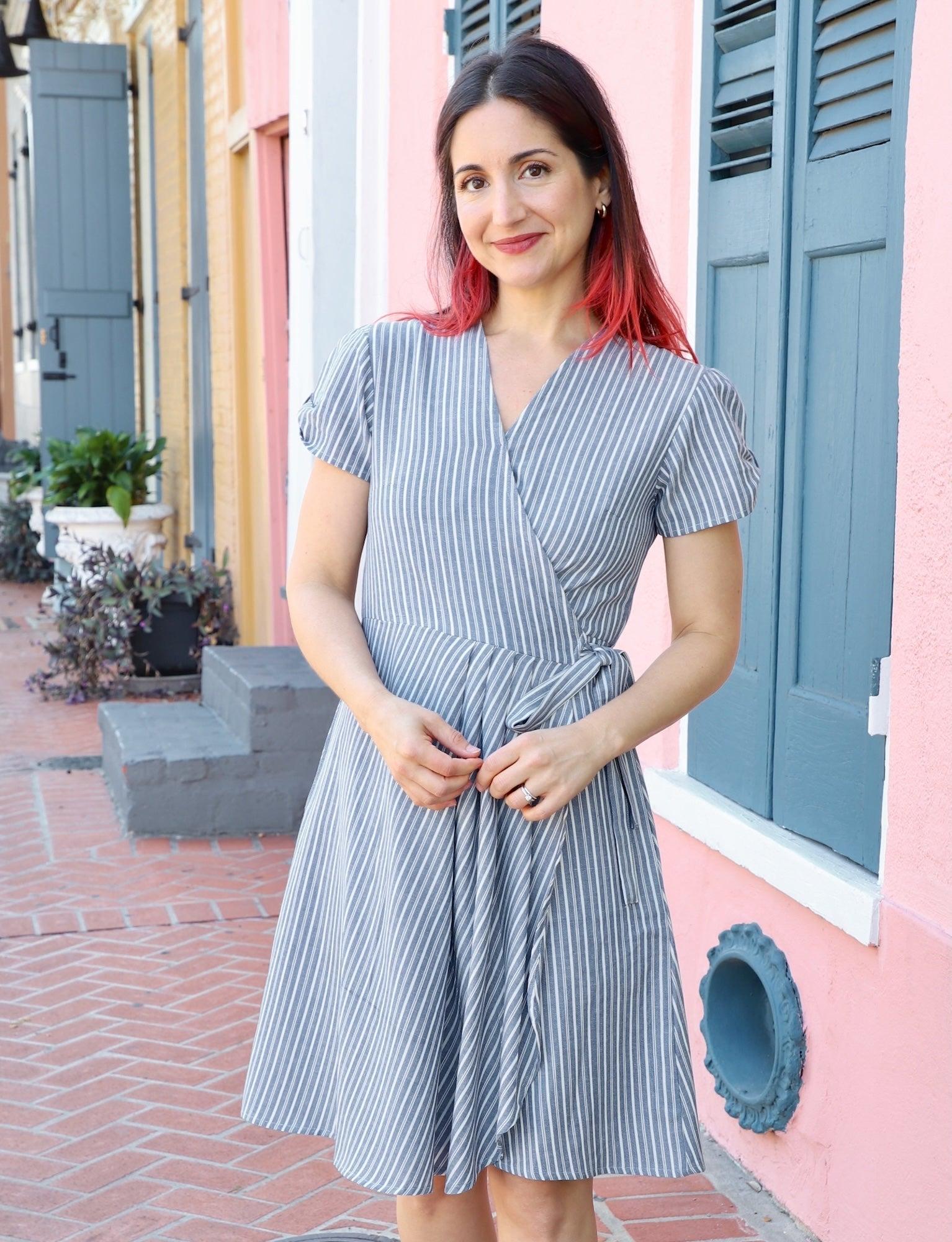 Passion Lilie Wrap Dress Chambray Pinstripe Blue/White