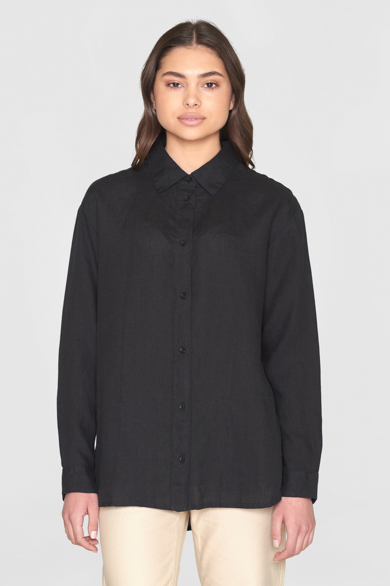 Image of KnowledgeCotton Apparel dames vegan Overhemd Losvallend Linnen, Zwart Gitzwart