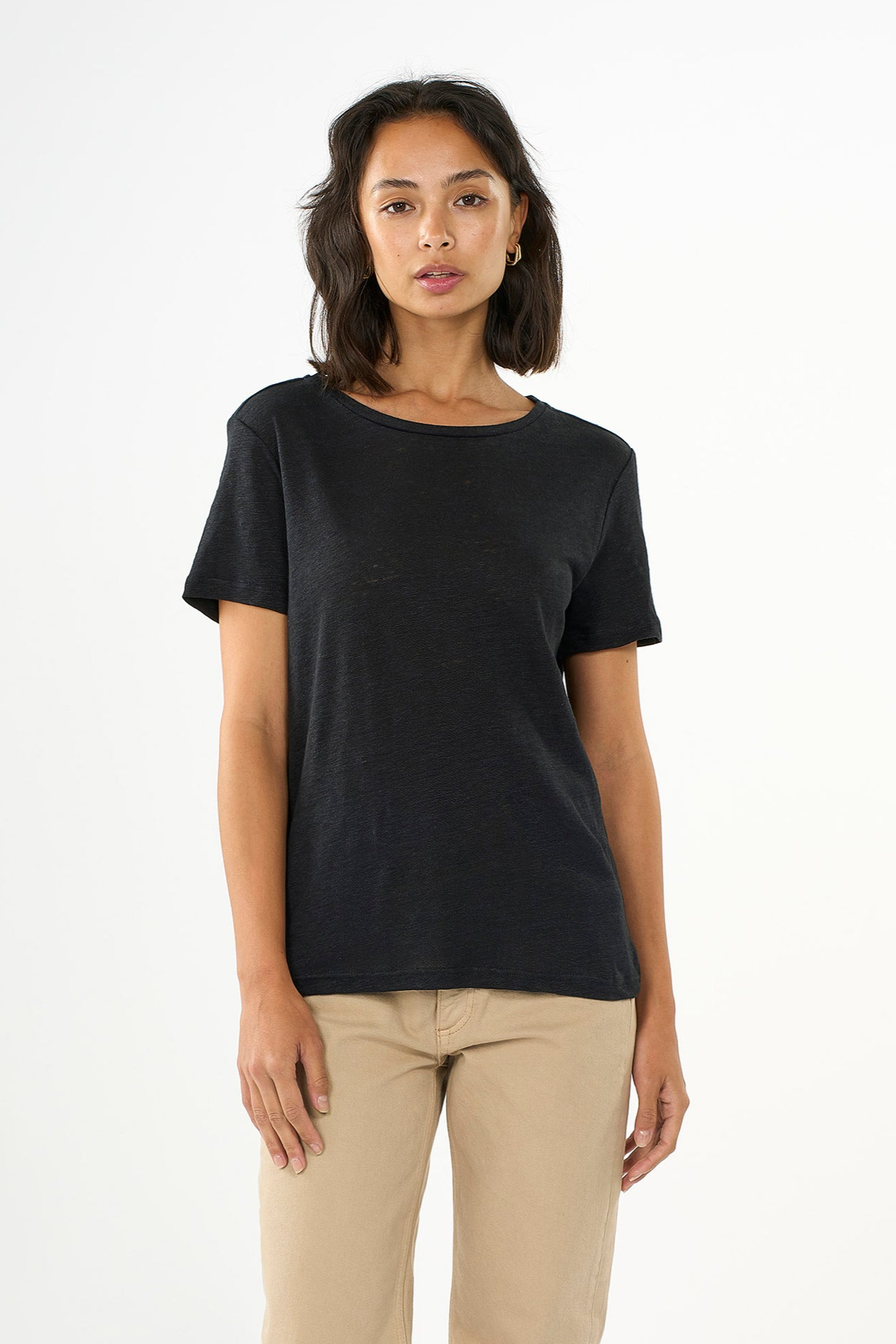 Image of KnowledgeCotton Apparel dames vegan T-Shirt Reg Linen Black Jet
