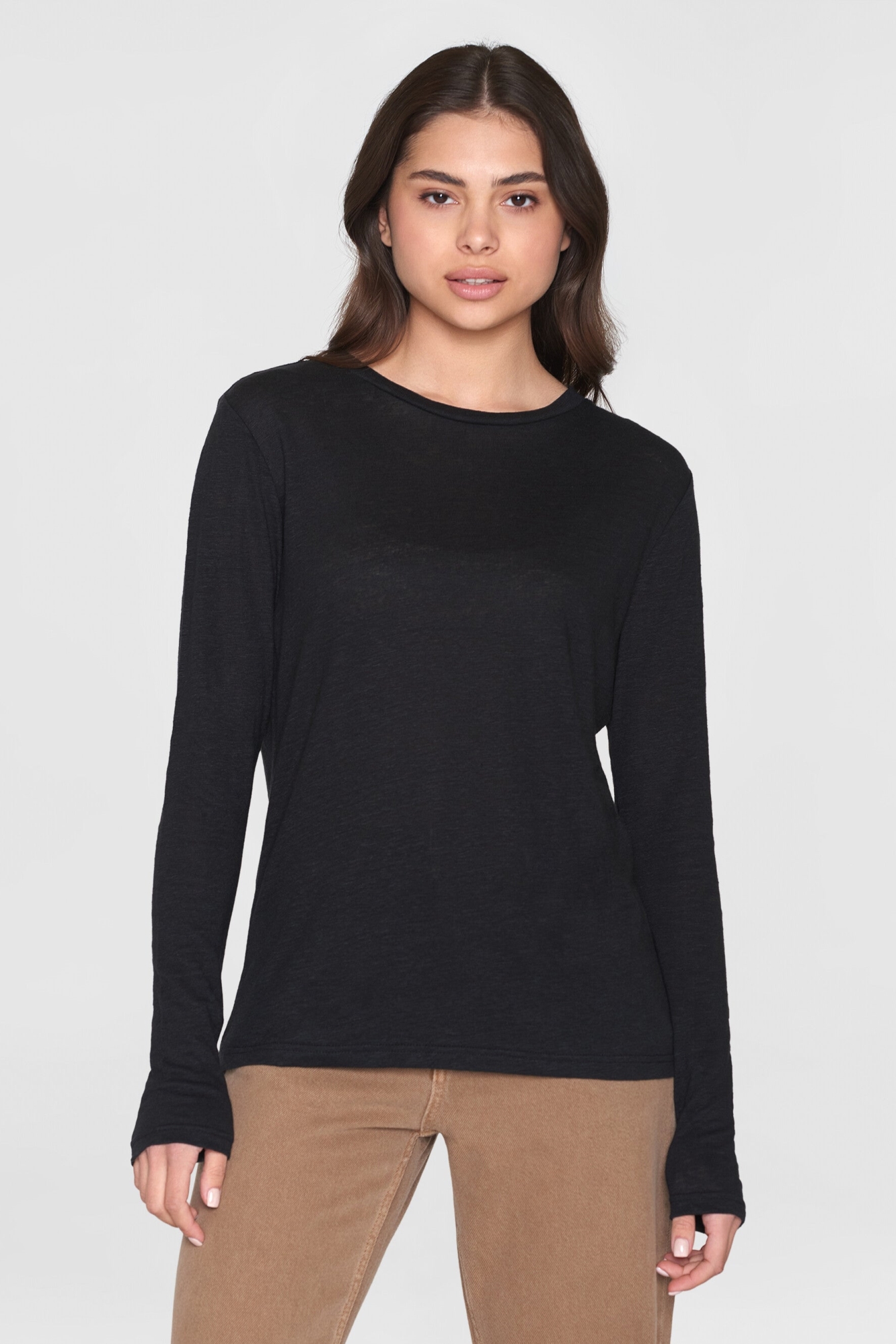 Image of KnowledgeCotton Apparel dames vegan T-Shirt Met Lange Mouwen, Linnen, Zwart.