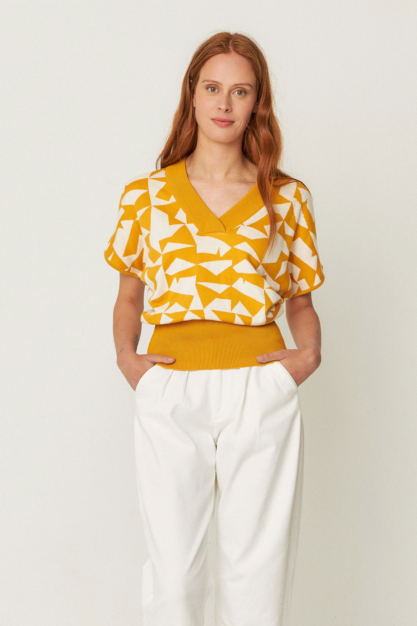 112482 - Damen vegan T-Shirt Garazi Mehrfarbig Gelb WeiÃŸ