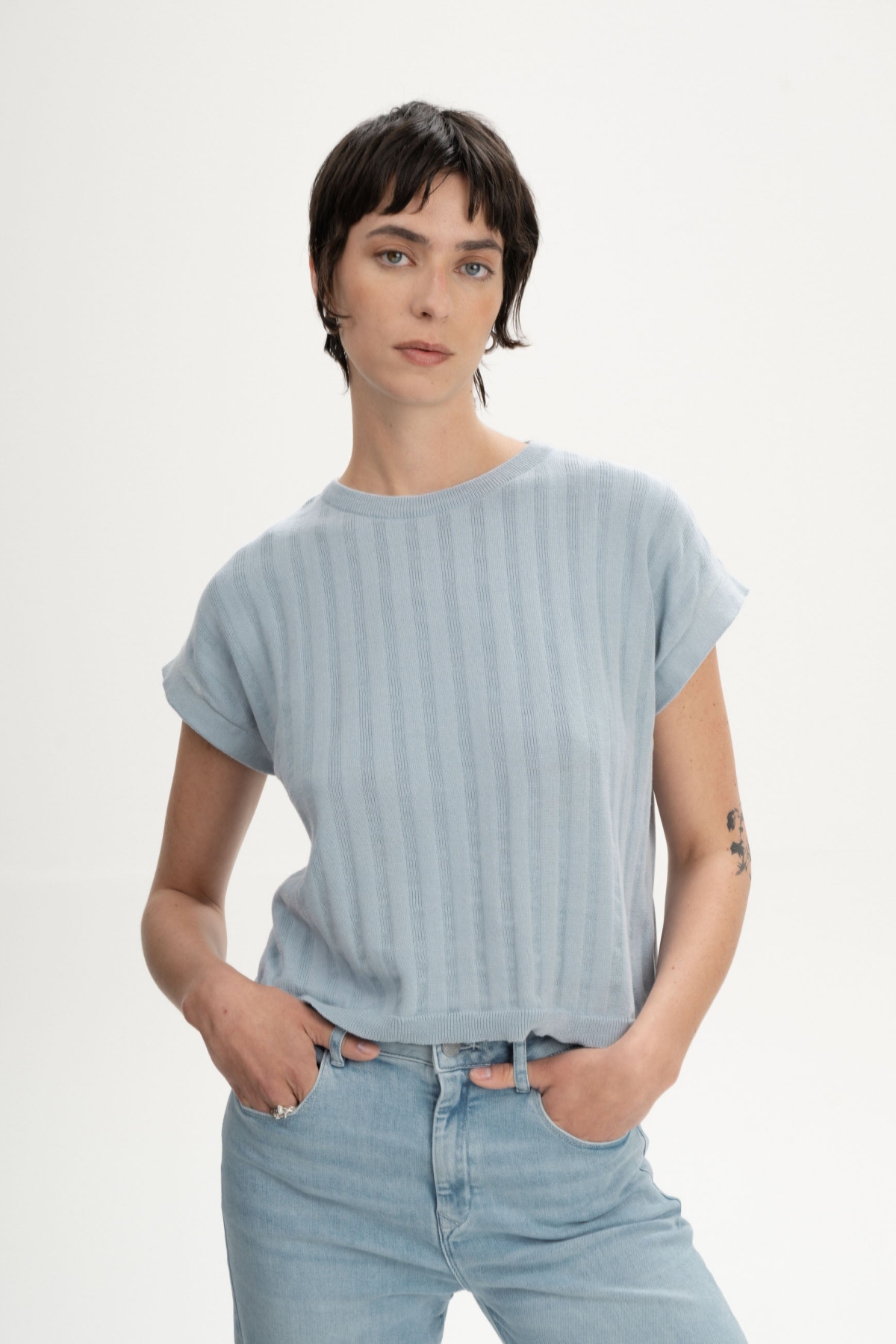 MELA womens vegan T-Shirt Structured Knit Bhari Cloudy Blue