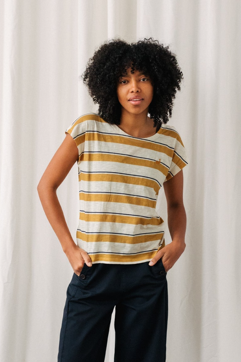 Image of TWOTHIRDS dames vegan T-Shirt Evia Mosterd/Marineblauwe Strepen