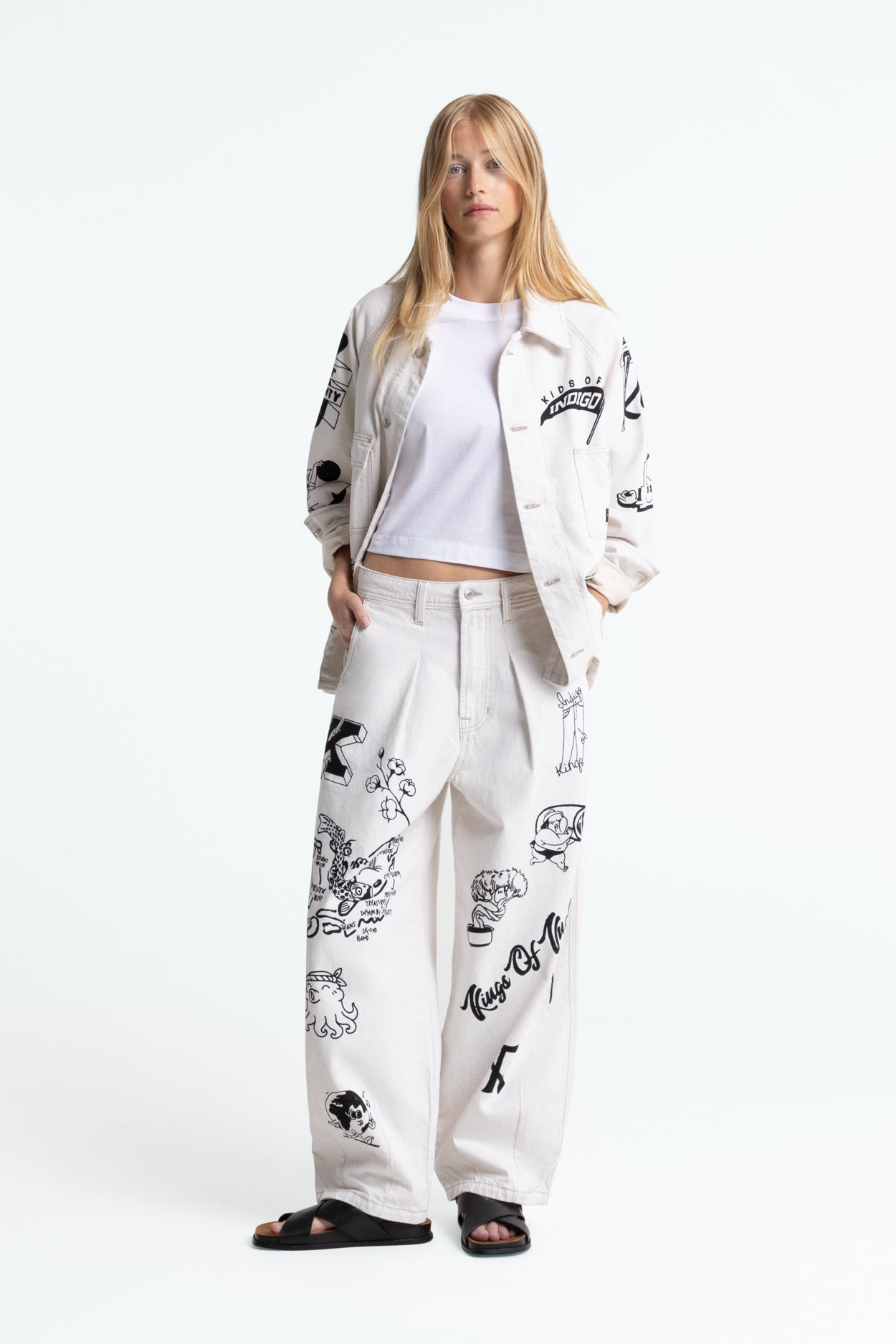 Kings of Indigo men vegan Pants Kimmy Amsterdam Scribble White