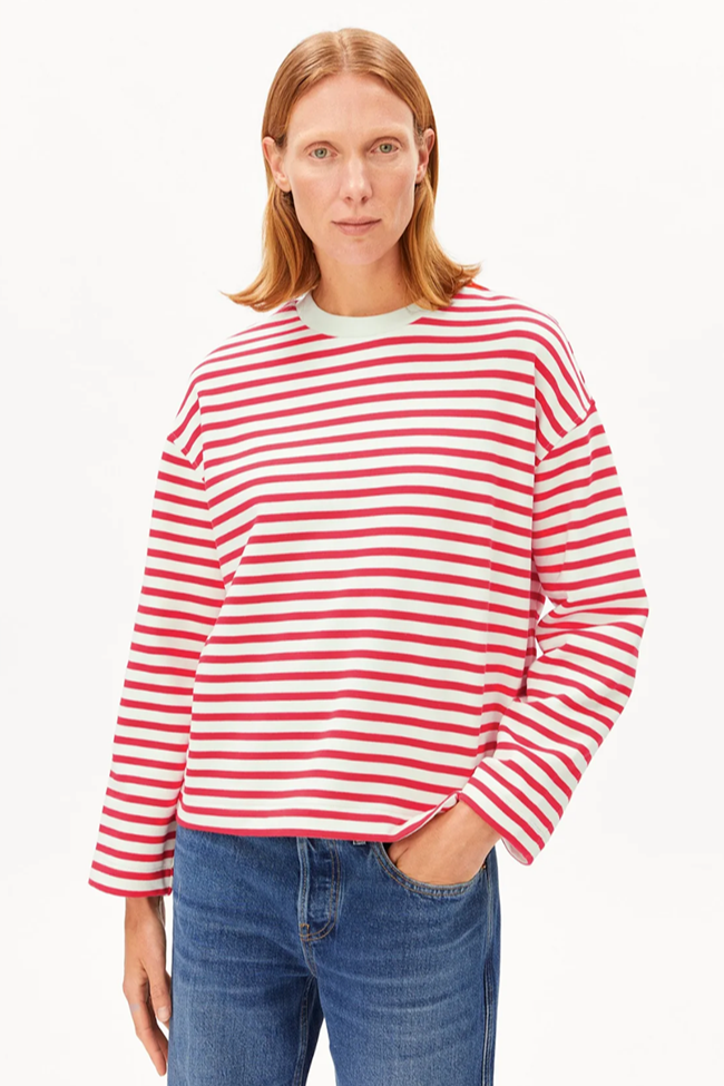 Image of ARMEDANGELS dames vegan Trui Frankaa Gestreept Marsrood