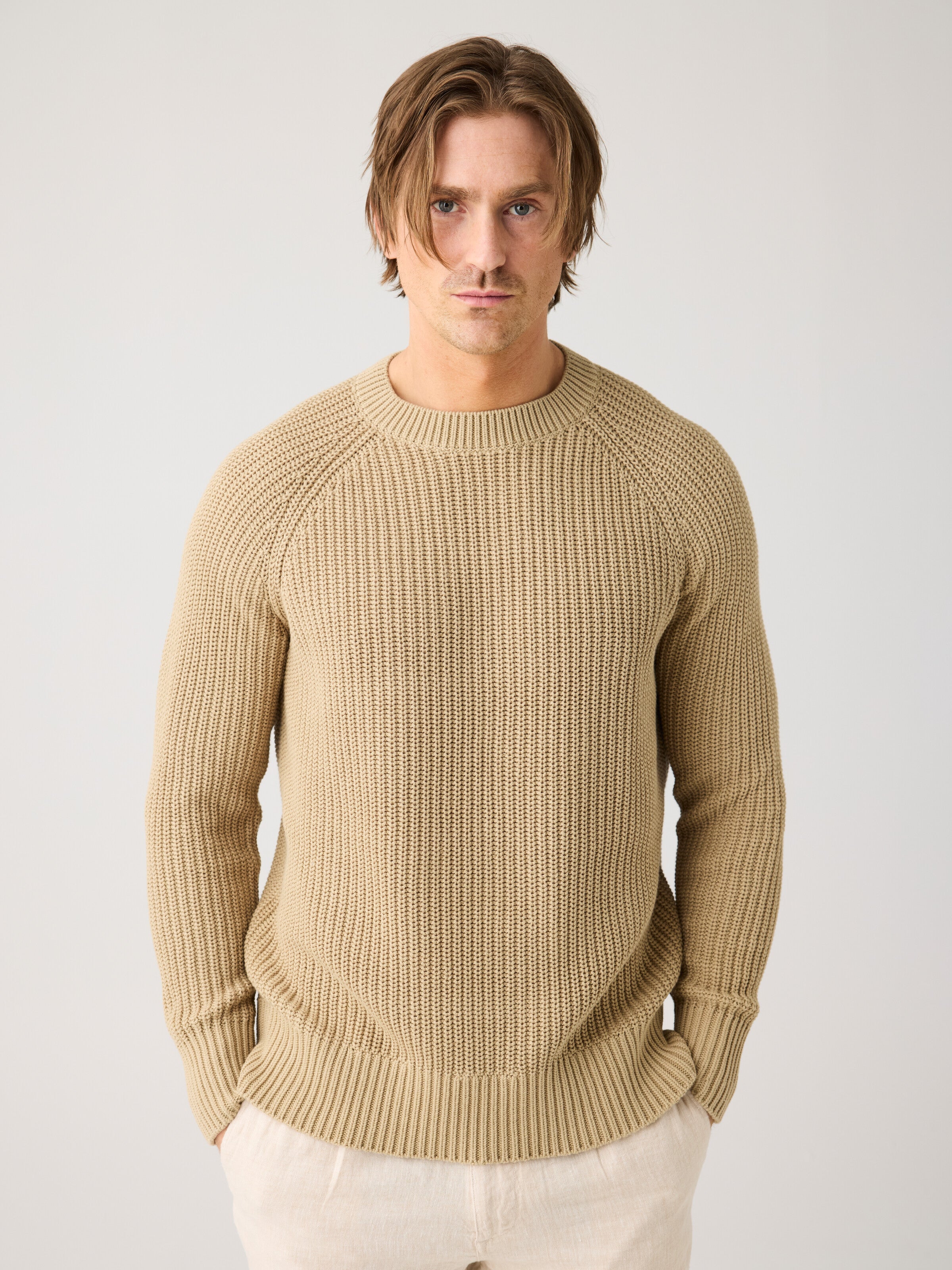 KnowledgeCotton Apparel men vegan Knit Sweater Raglan Twill Beige
