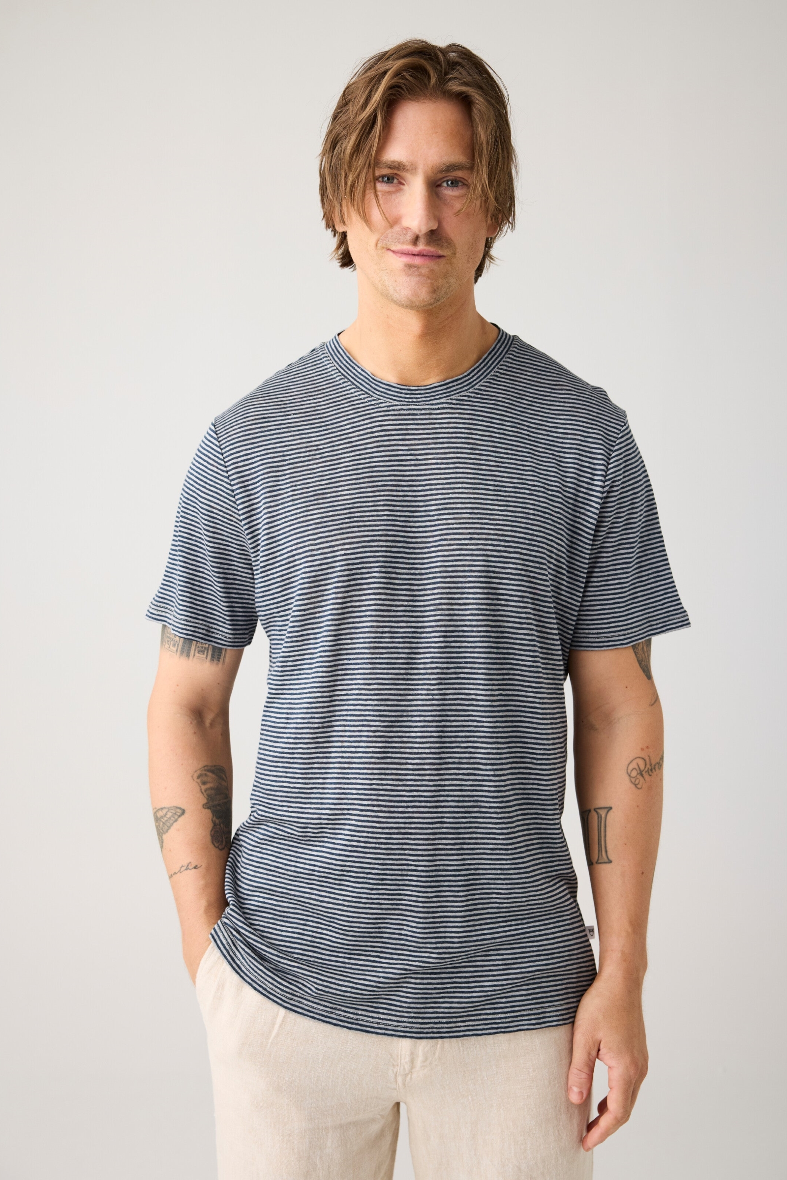 Image of KnowledgeCotton Apparel mannen vegan T-Shirt Van Linnen Met Strepen In Marineblauw