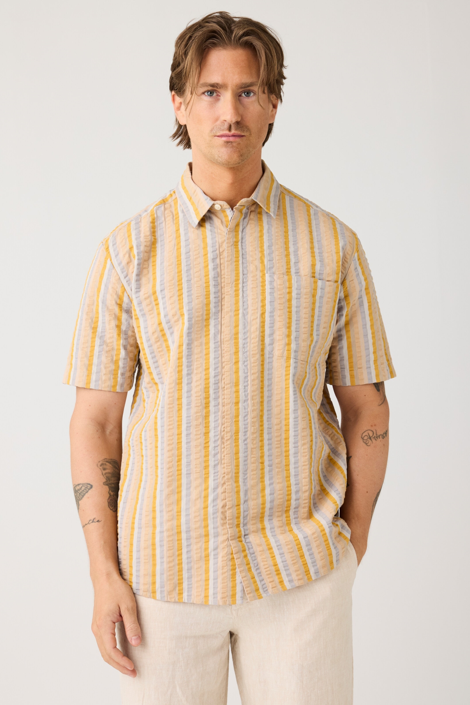 Image of KnowledgeCotton Apparel mannen vegan Relaxte Seersucker Blouse Met Veelkleurige Strepen