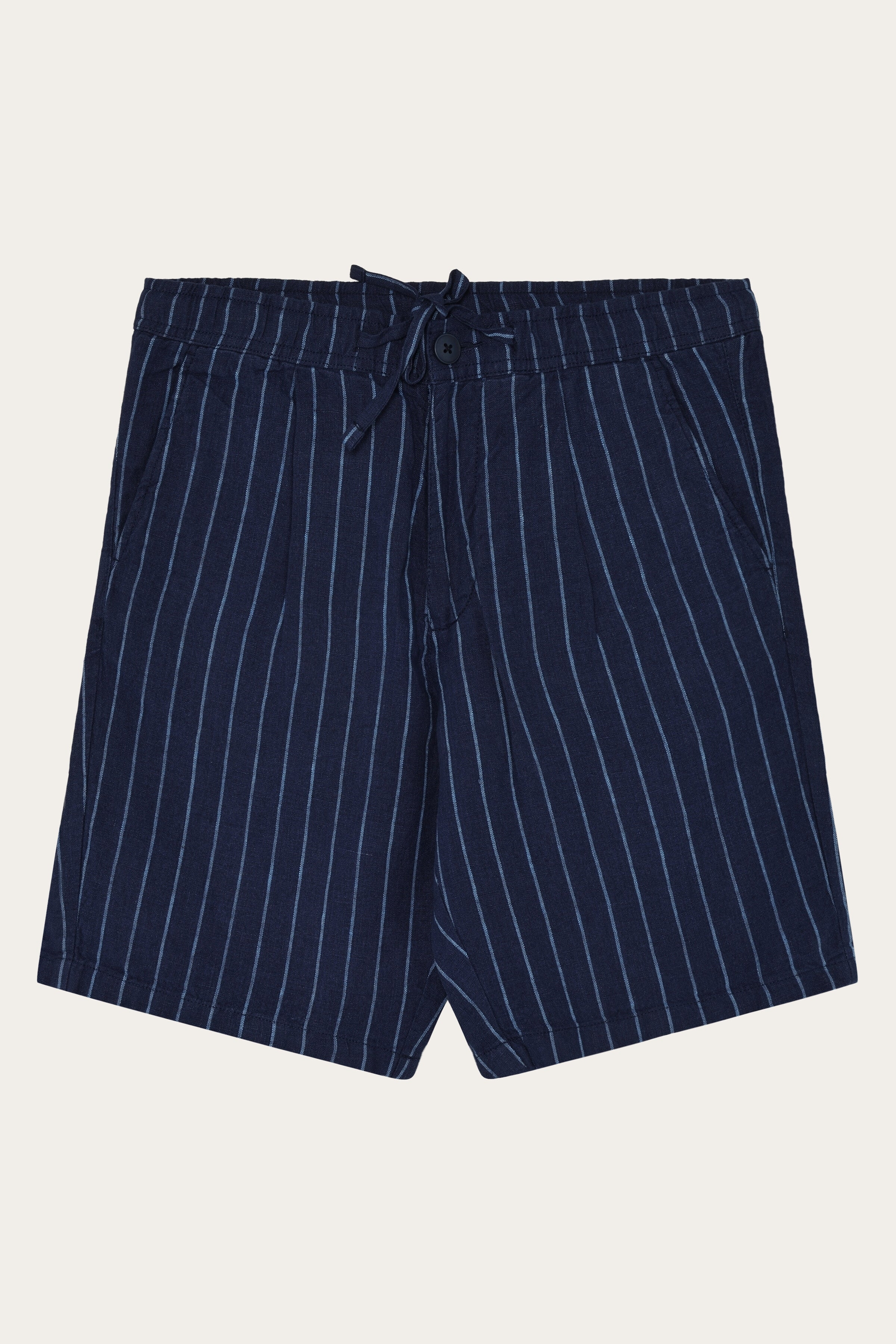 Image of KnowledgeCotton Apparel mannen vegan Shorts Voor Heren, Vijgkleurige Losse Linnen Shorts Met Blauwe Strepen