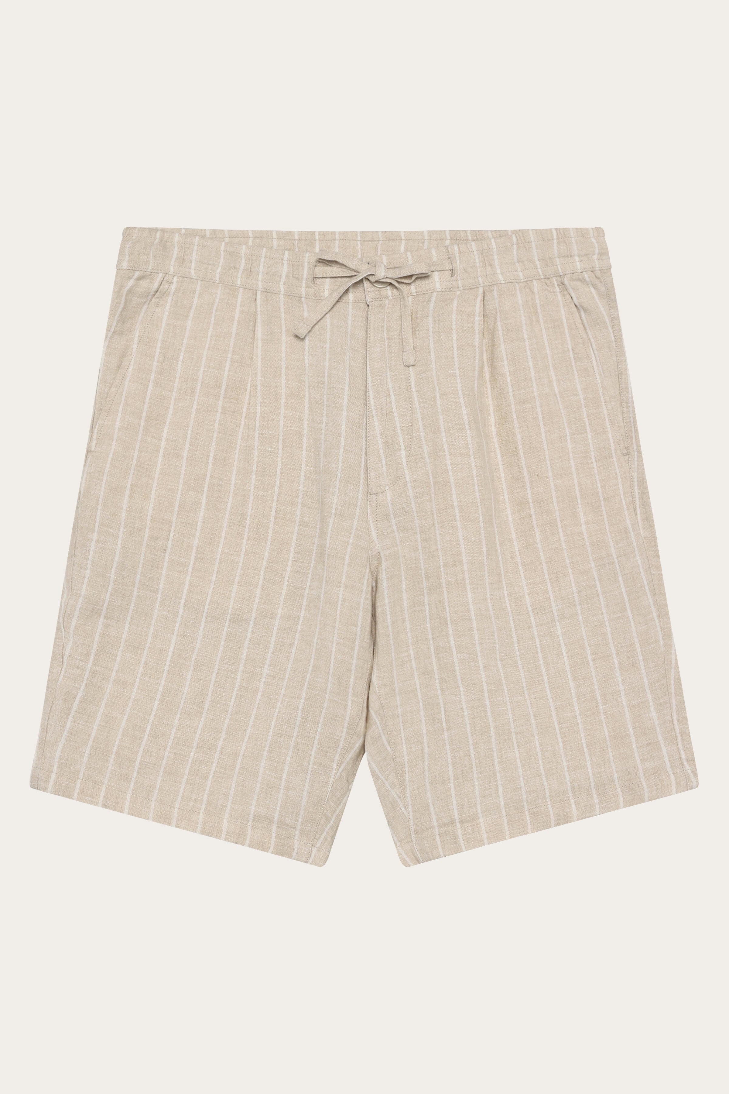 Image of KnowledgeCotton Apparel mannen vegan Shorts Voor Heren, Vijgkleurige Losse Linnen Shorts Met Crèmekleurige Strepen