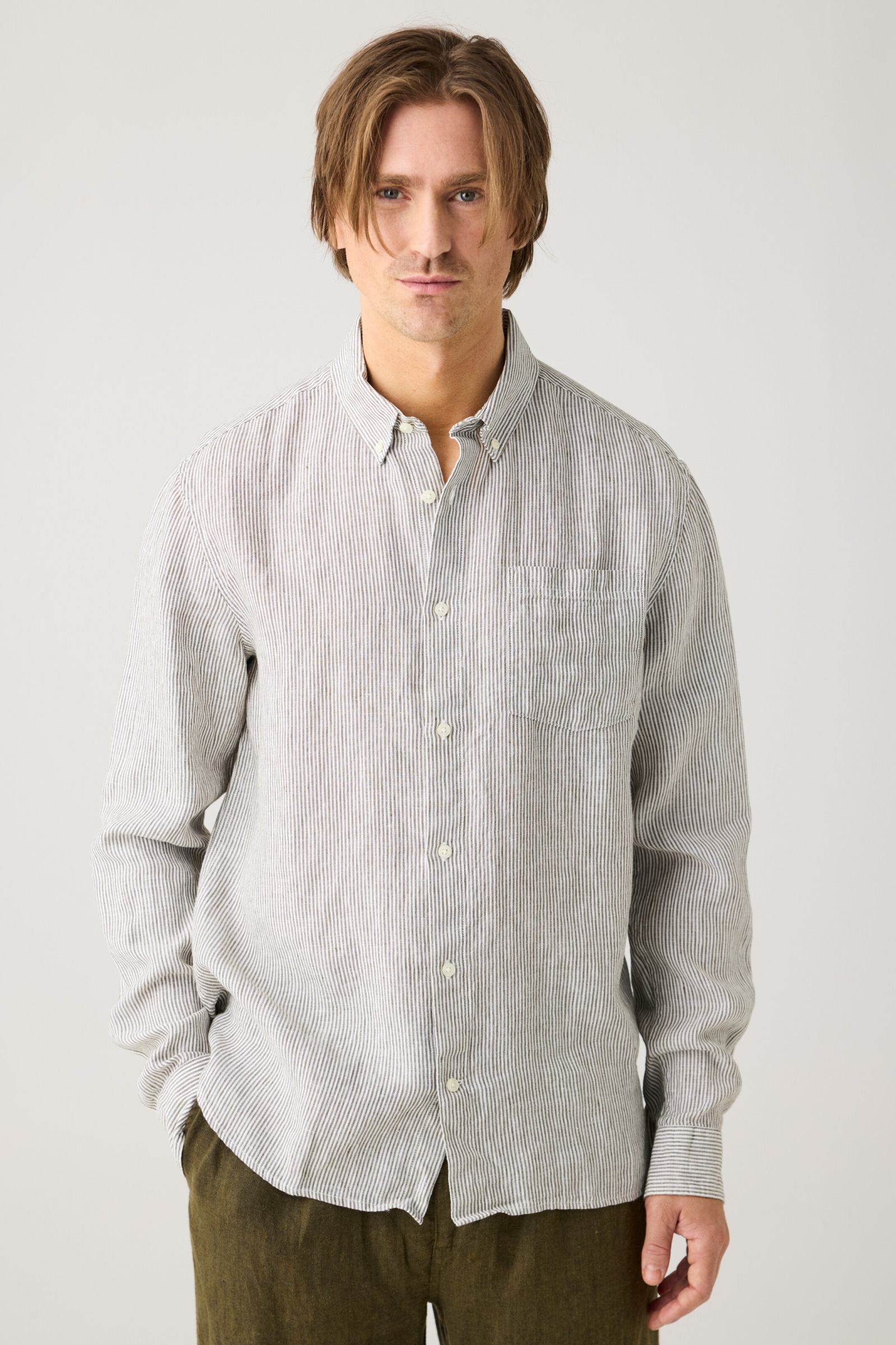 Image of KnowledgeCotton Apparel mannen vegan Gestreept Overhemd In Gebrand Olijfgroen