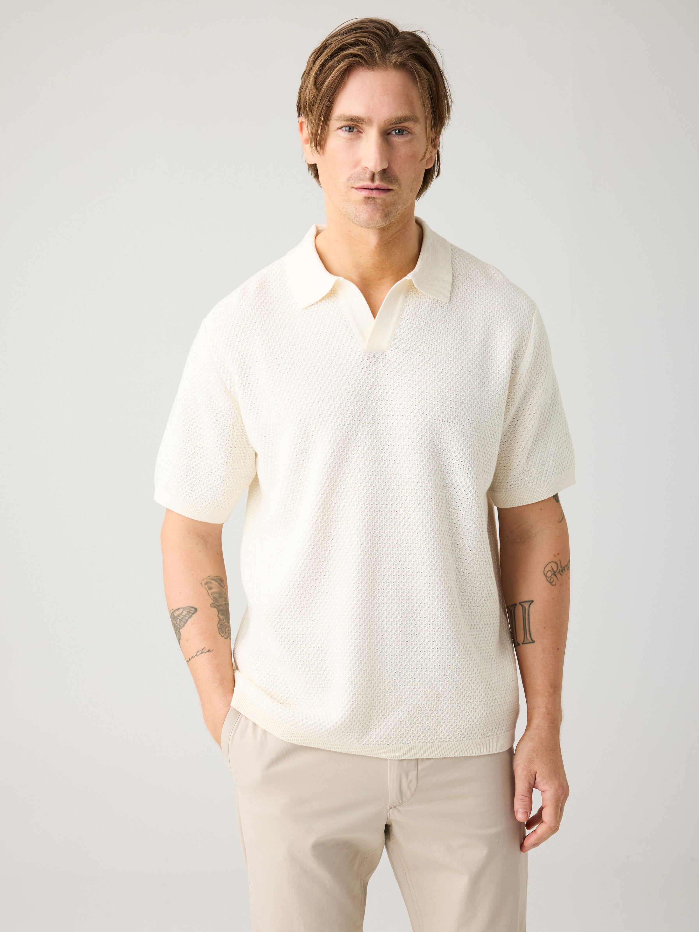 KnowledgeCotton Apparel men vegan Polo Shirt Knitted Egret White