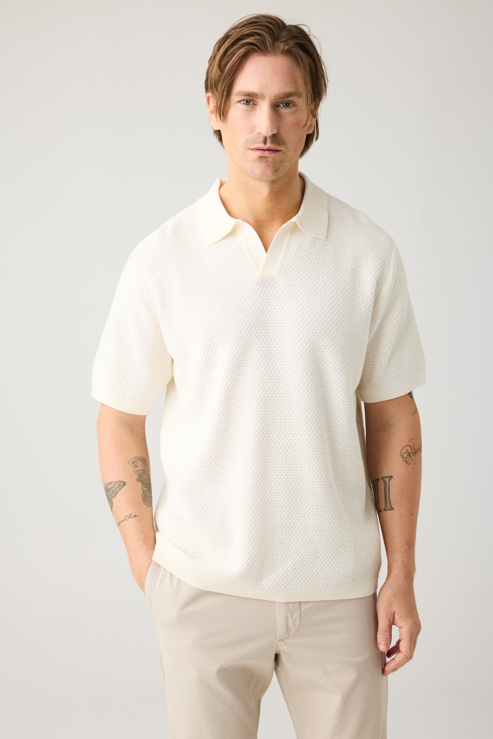 Image of KnowledgeCotton Apparel mannen vegan Poloshirt Gebreid In De Kleur Wit (Egret)