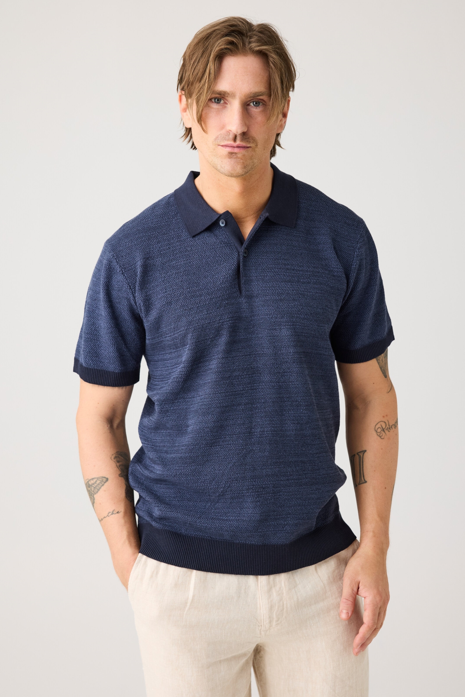 Image of KnowledgeCotton Apparel mannen vegan Gebreide Polo Night Sky Navy