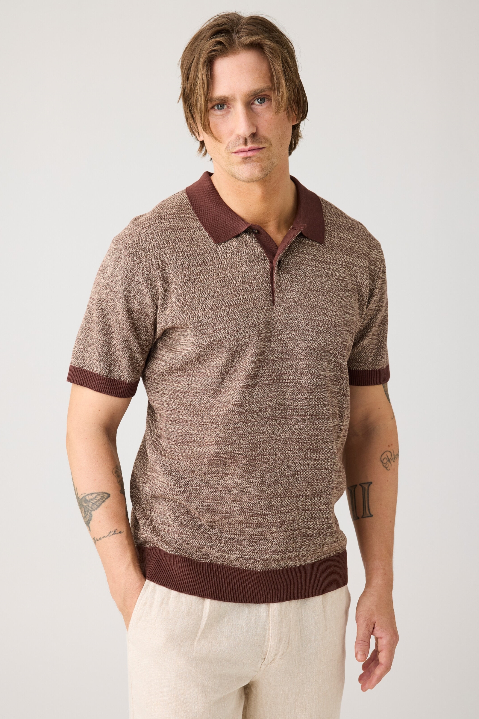 Image of KnowledgeCotton Apparel mannen vegan Gebreide Polo Met Geschaafde Chocolade