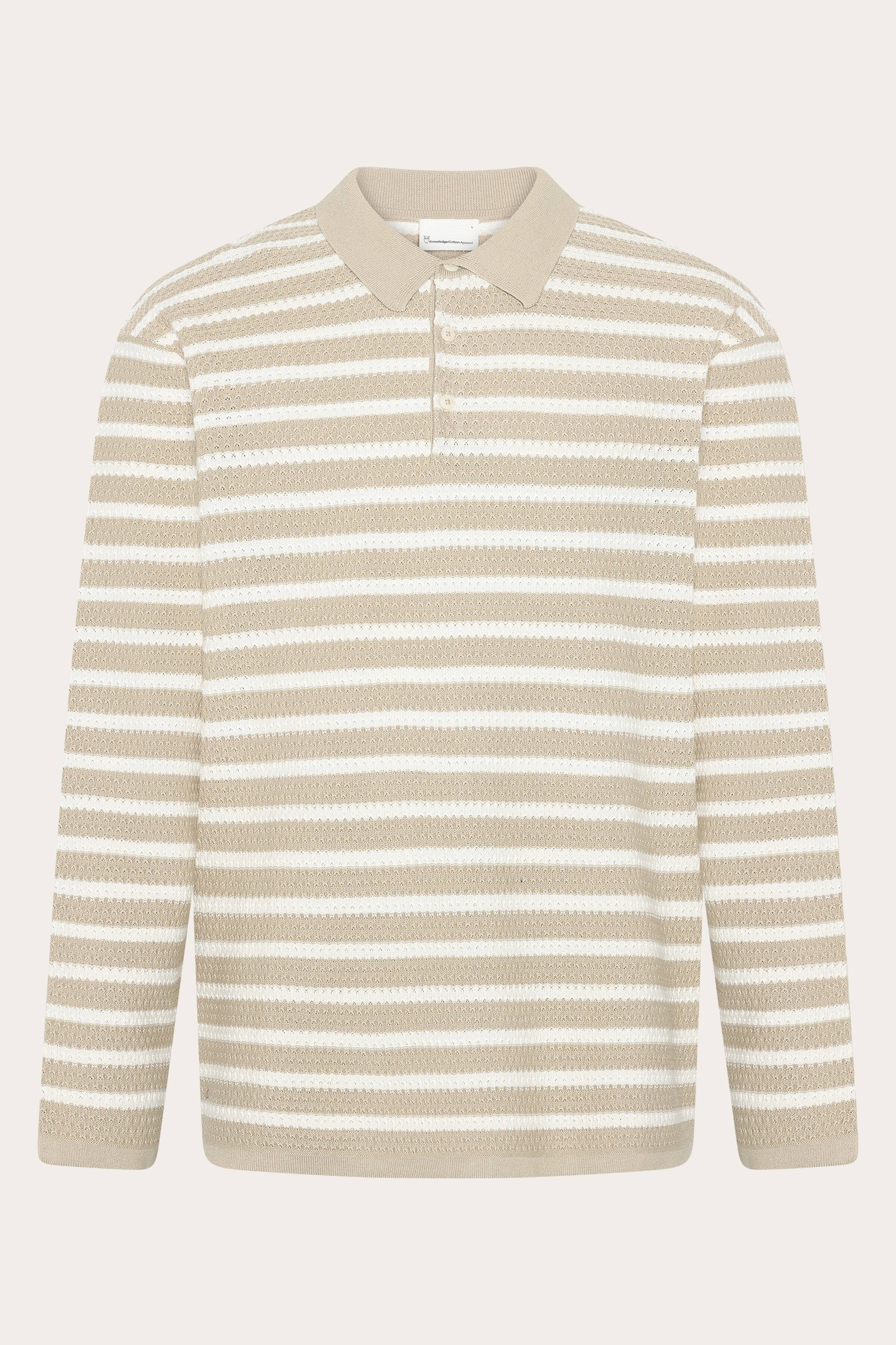 Image of KnowledgeCotton Apparel mannen vegan Gebreid Poloshirt Met Lange Mouwen, Crèmekleurig Met Strepen