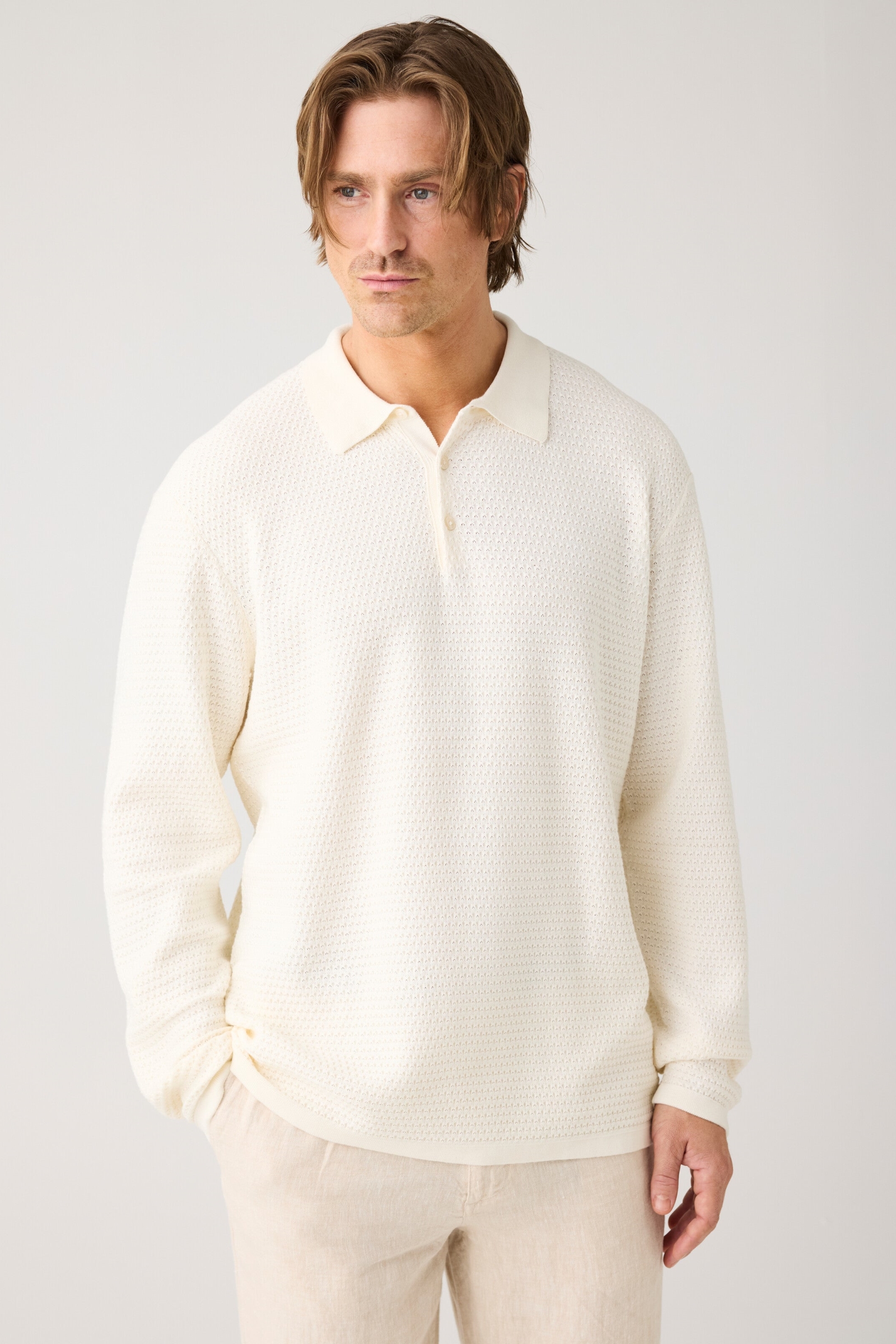 Image of KnowledgeCotton Apparel mannen vegan Gebreid Poloshirt Met Lange Mouwen, Wit Met De Kleur Egret