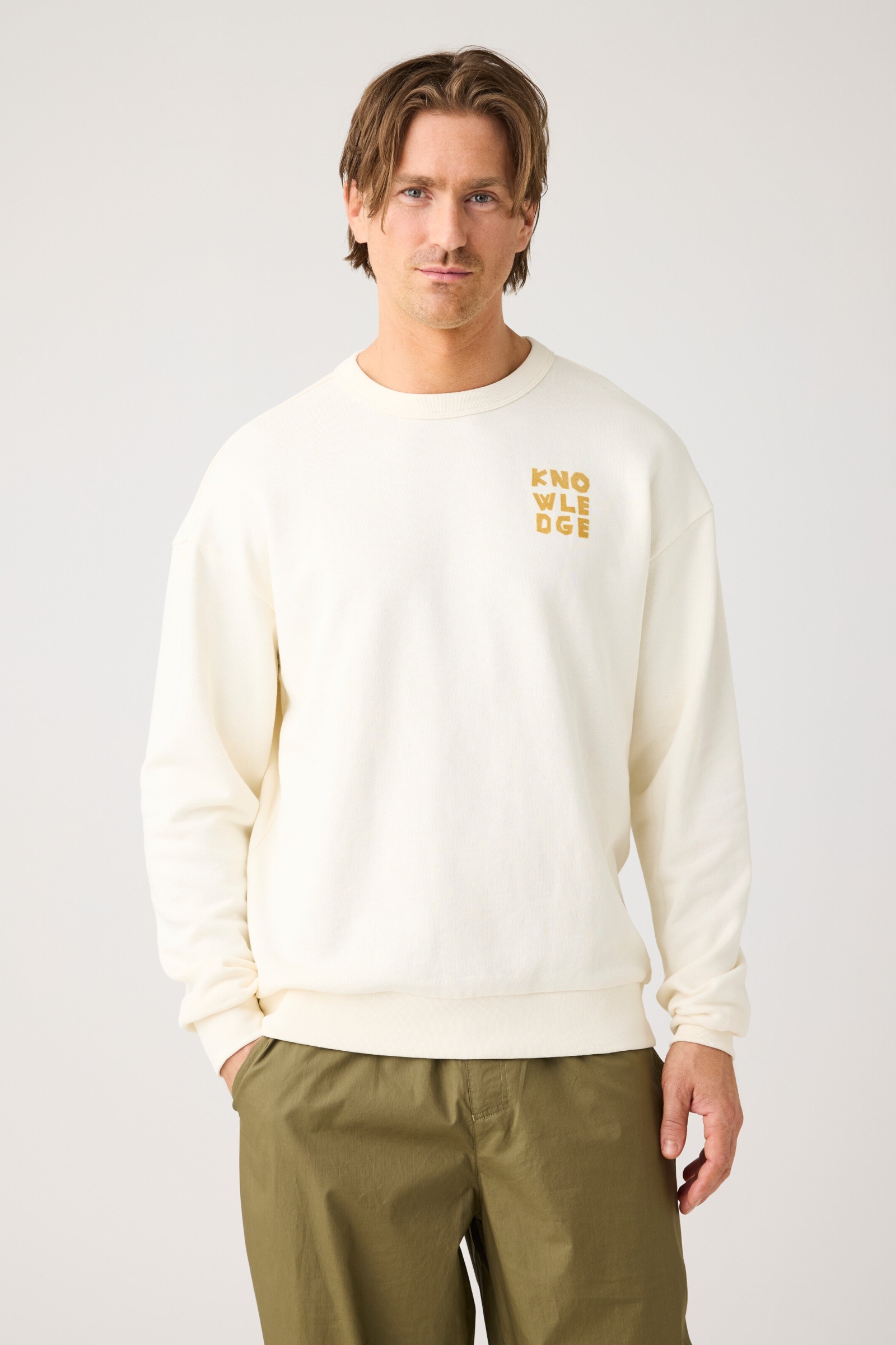 Image of KnowledgeCotton Apparel mannen vegan Sweatshirt Relaxed Crew Neck Met Print Egret In Wit
