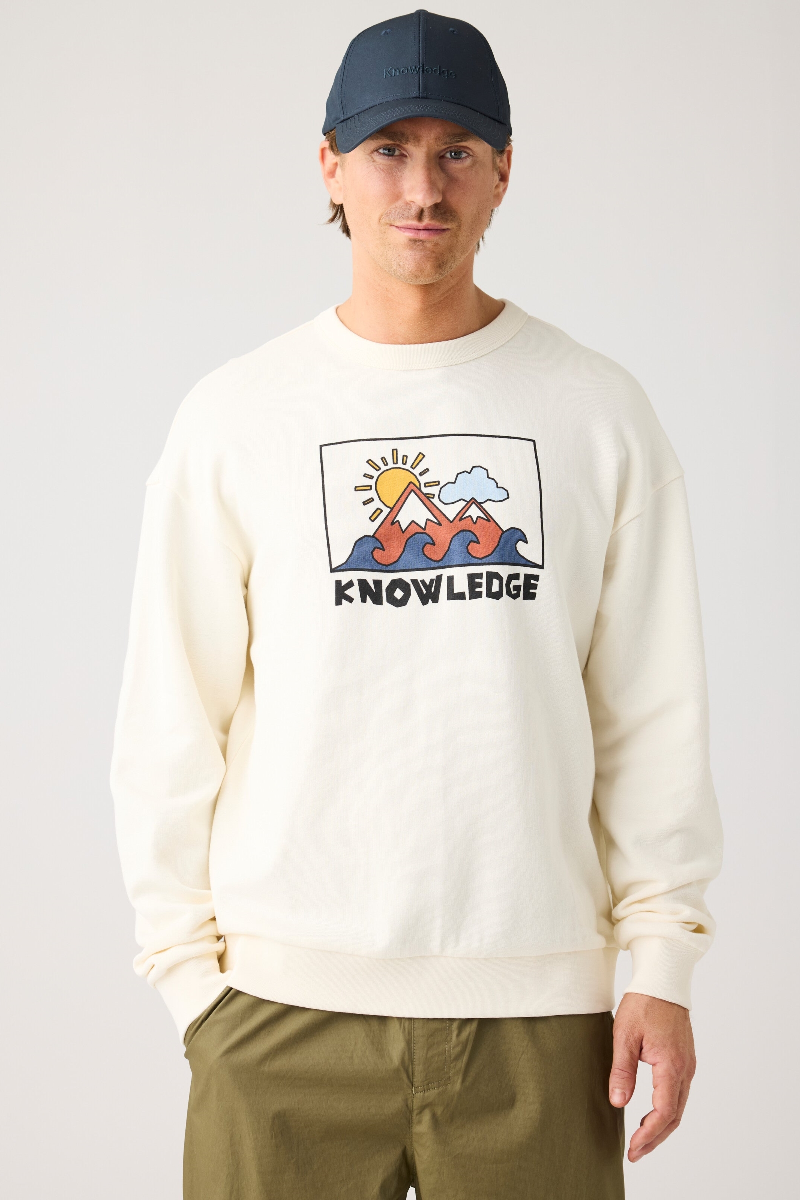 113366 - Herren vegan Sweatshirt Relaxed Bedruckter Rundhalsausschnitt Egret WeiÃŸ