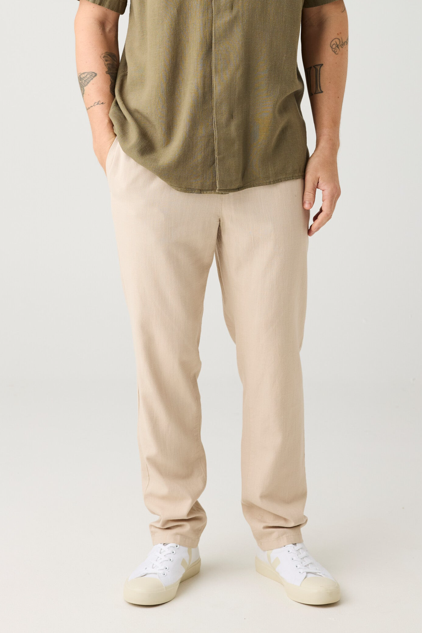 Image of KnowledgeCotton Apparel mannen vegan Broek Tim Tapered Linen Mix Licht Vedergrijs