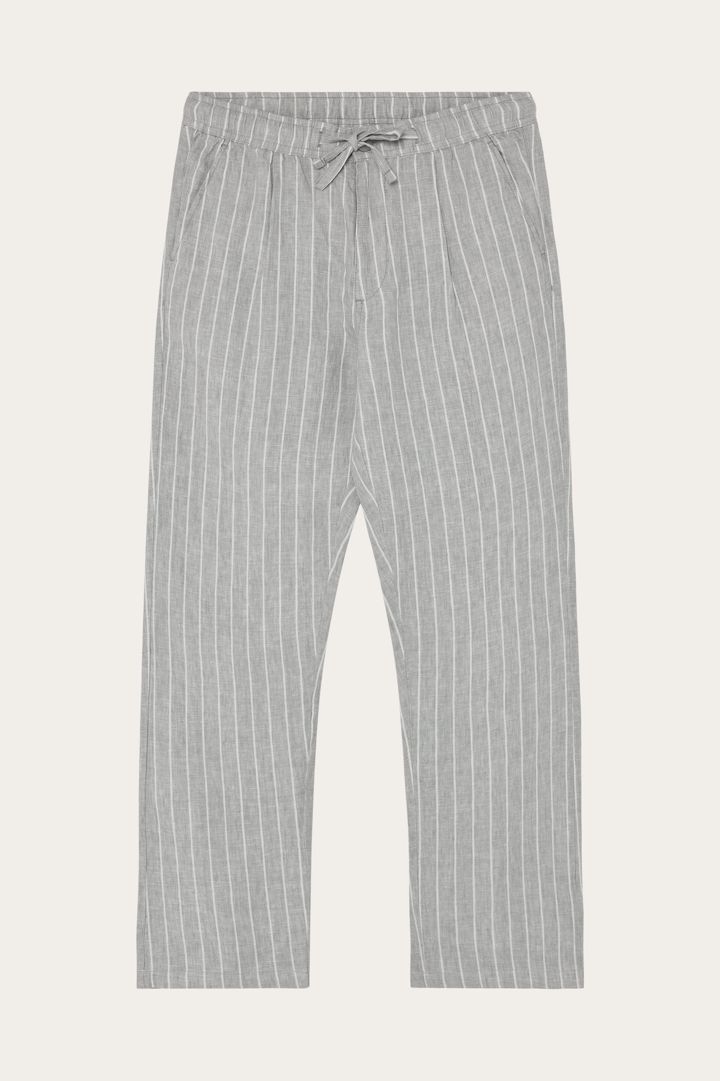 Image of KnowledgeCotton Apparel mannen vegan Broek Voor Heren, Figuur, Los Model, Linnen, Grijs Met Strepen