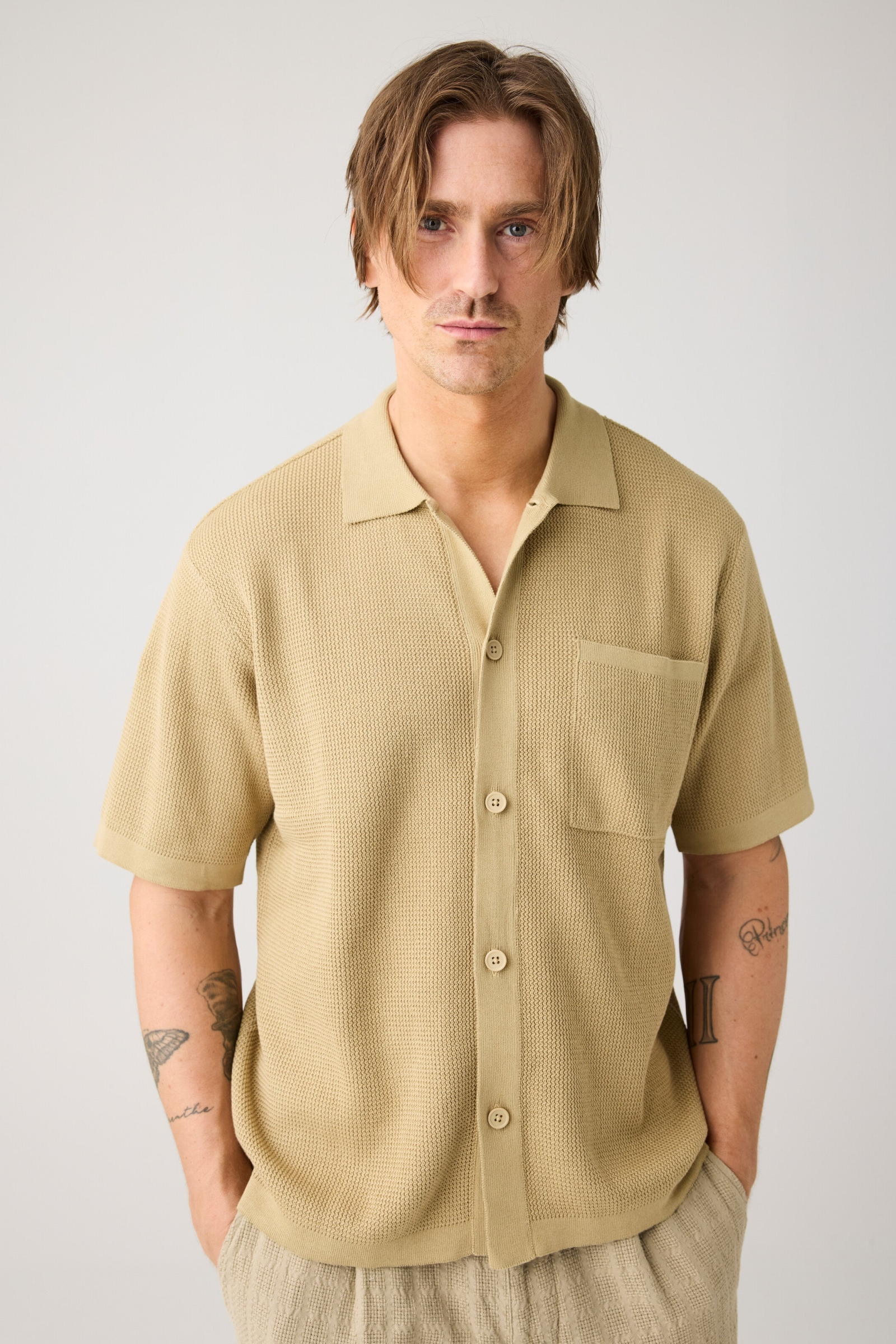 Image of KnowledgeCotton Apparel mannen vegan Overhemd Van Normale Gebreide Keperstof In Beige