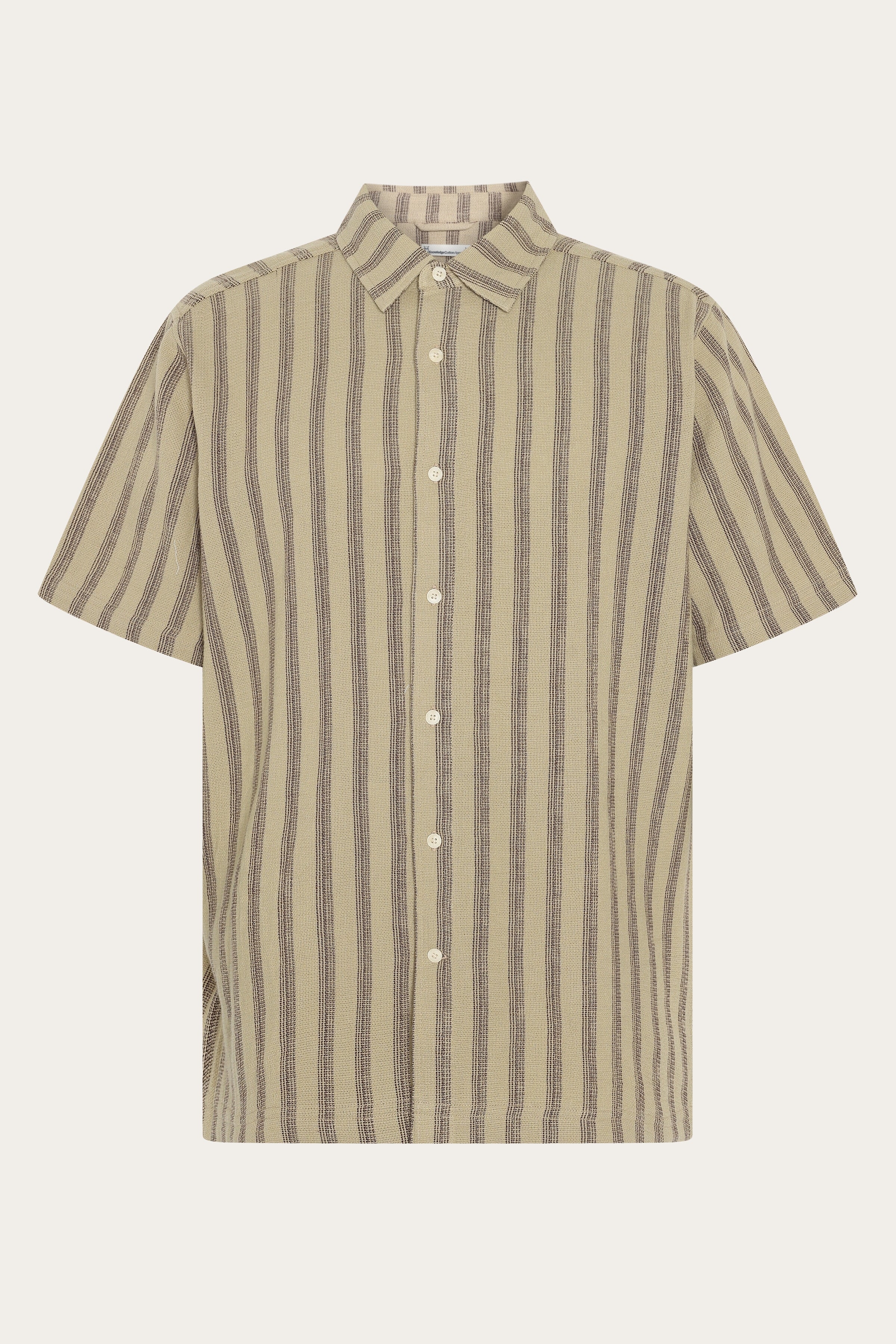 Image of KnowledgeCotton Apparel mannen vegan Overhemd Met Strepen, Relaxte Pasvorm, Korte Mouwen, Beige