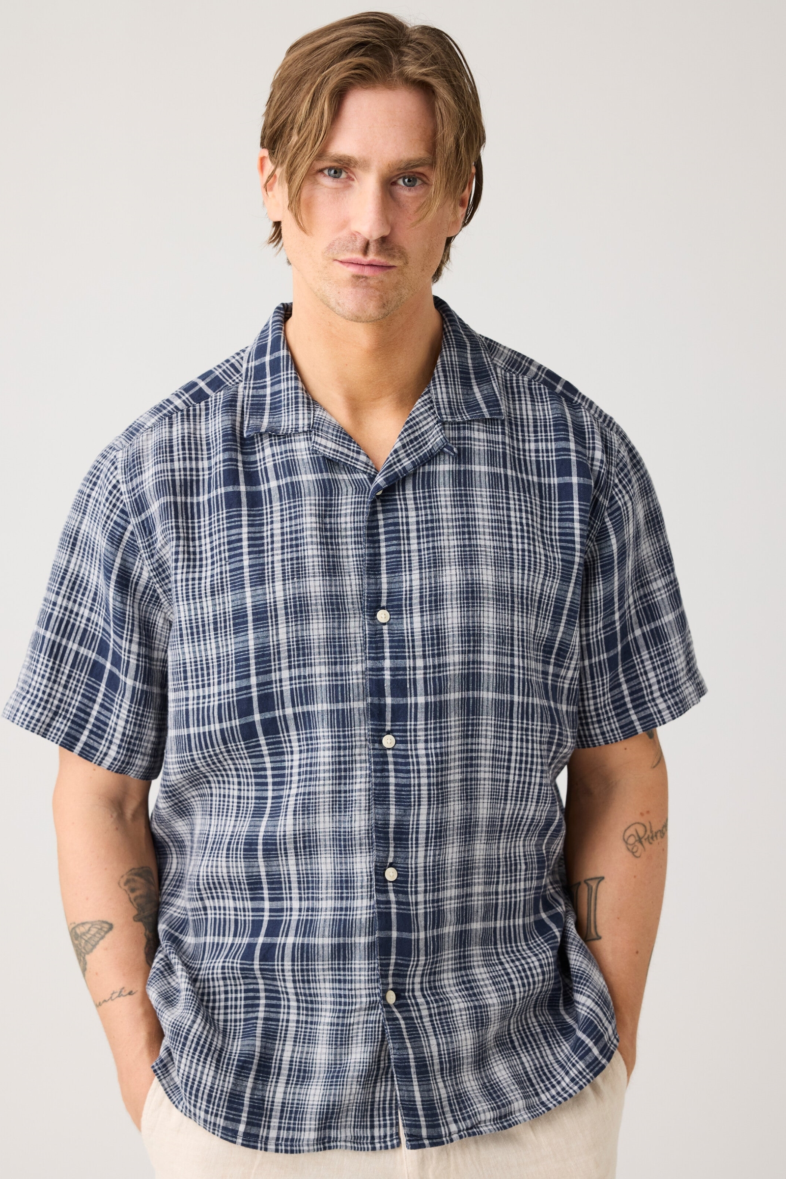 Image of KnowledgeCotton Apparel mannen vegan Overhemd Met Korte Mouwen, Relaxed Model, Marineblauw