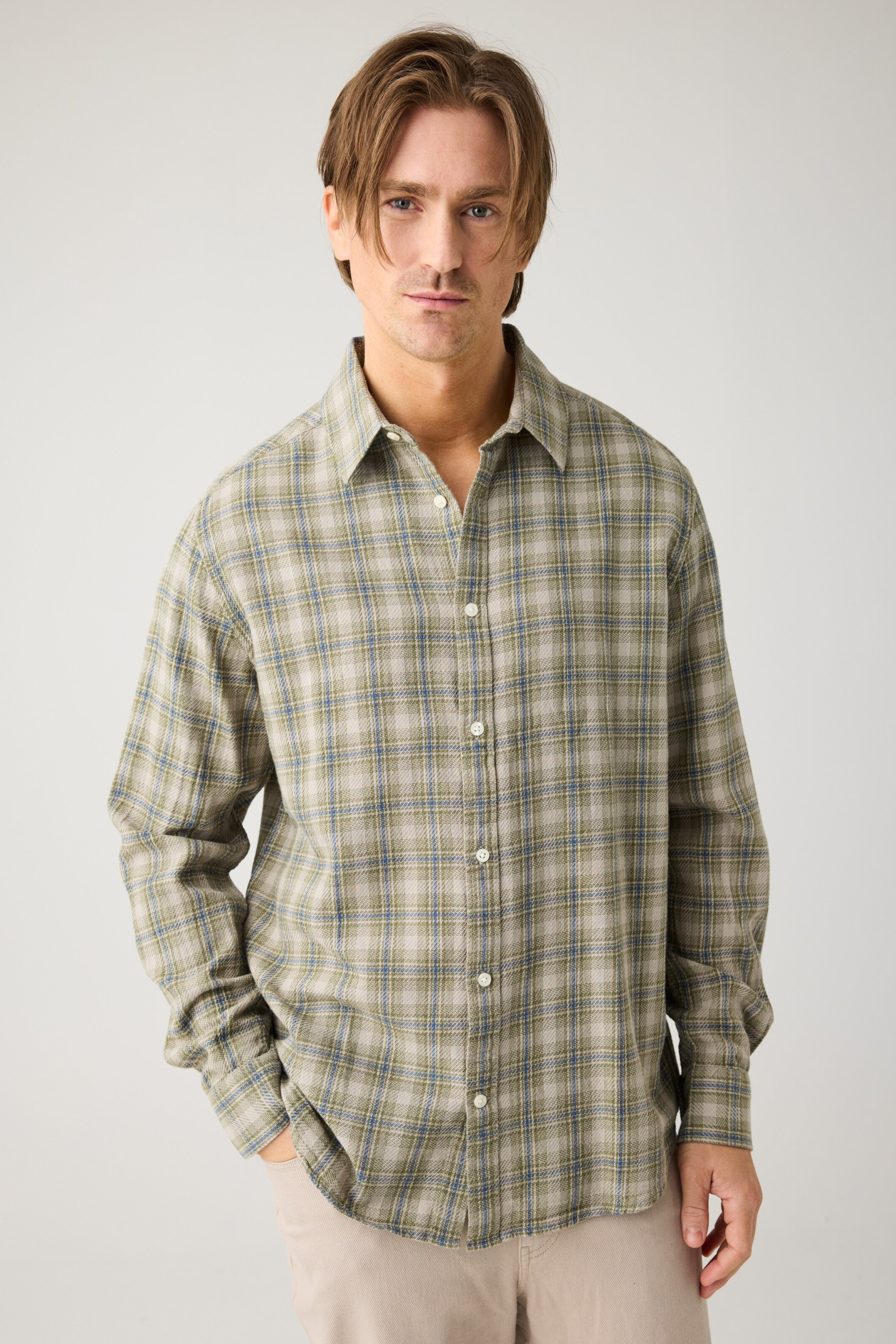 Image of KnowledgeCotton Apparel mannen vegan Overhemd Losvallend Geruit Beige