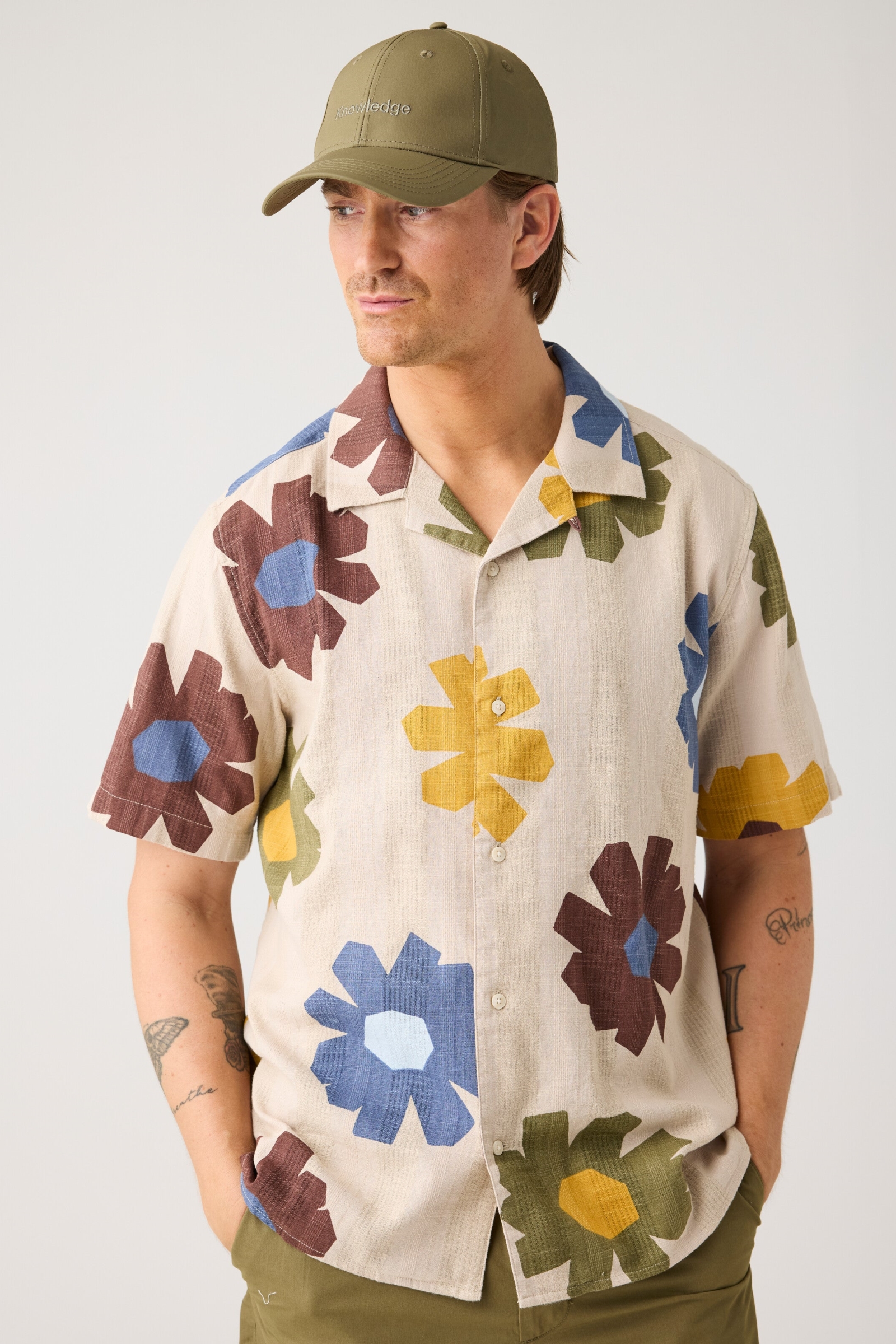 Image of KnowledgeCotton Apparel mannen vegan Overhemd Met Relaxte Print, Korte Mouwen, Veelkleurig, Aop