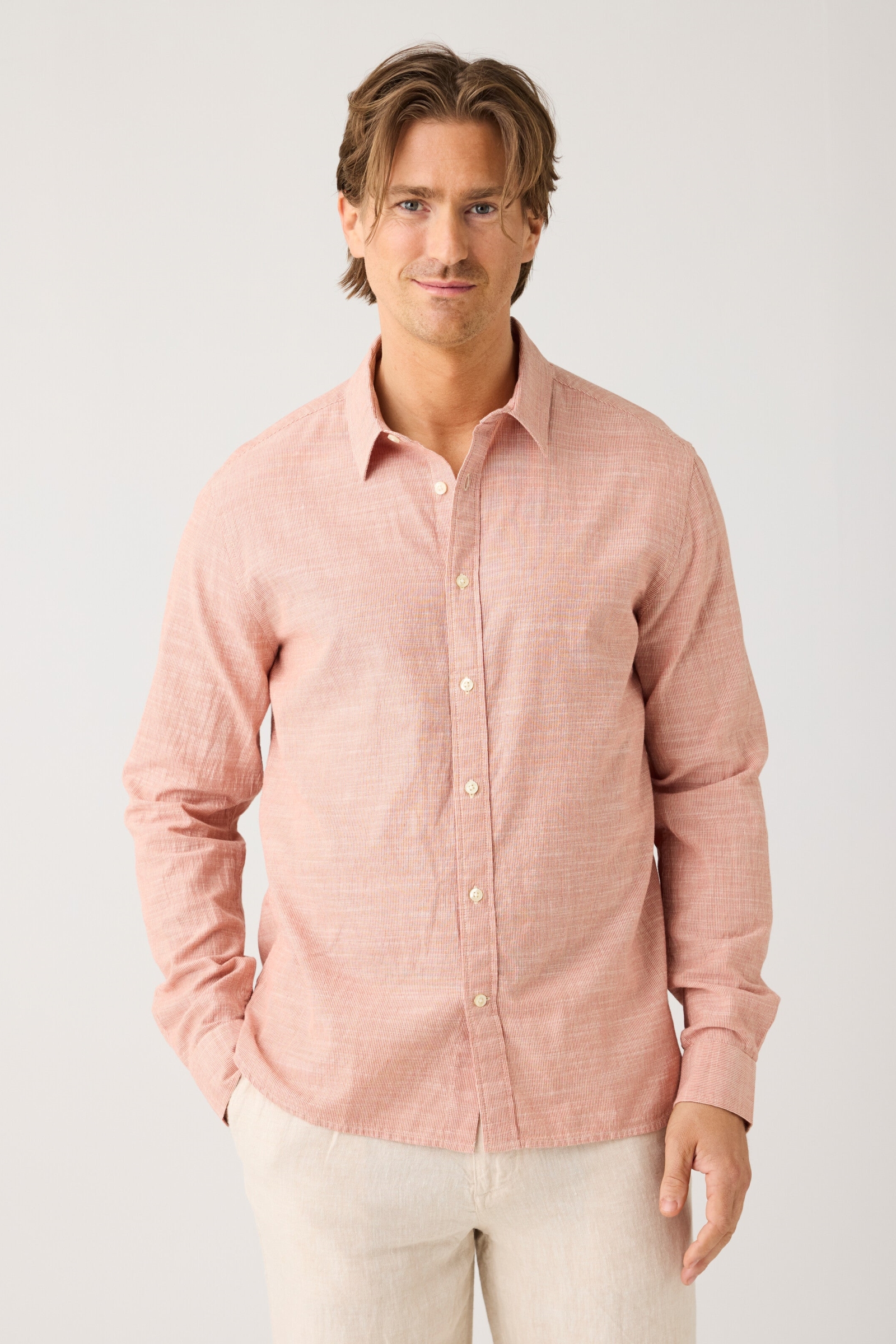 Image of KnowledgeCotton Apparel mannen vegan Shirt Dune Regular Stripe Rood