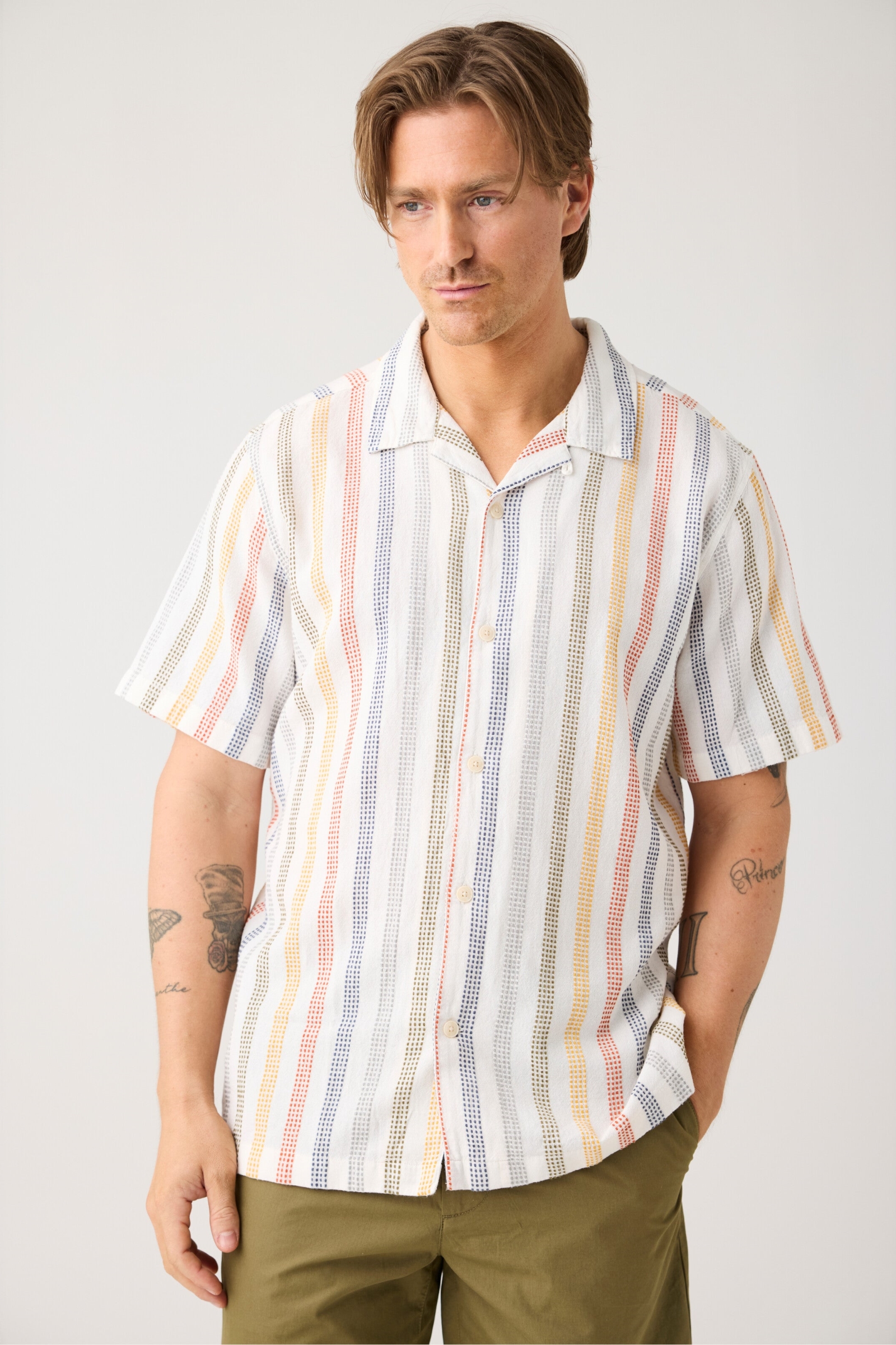 Image of KnowledgeCotton Apparel mannen vegan Overhemd Met Relaxte Strepen, Korte Mouwen, Meerkleurig