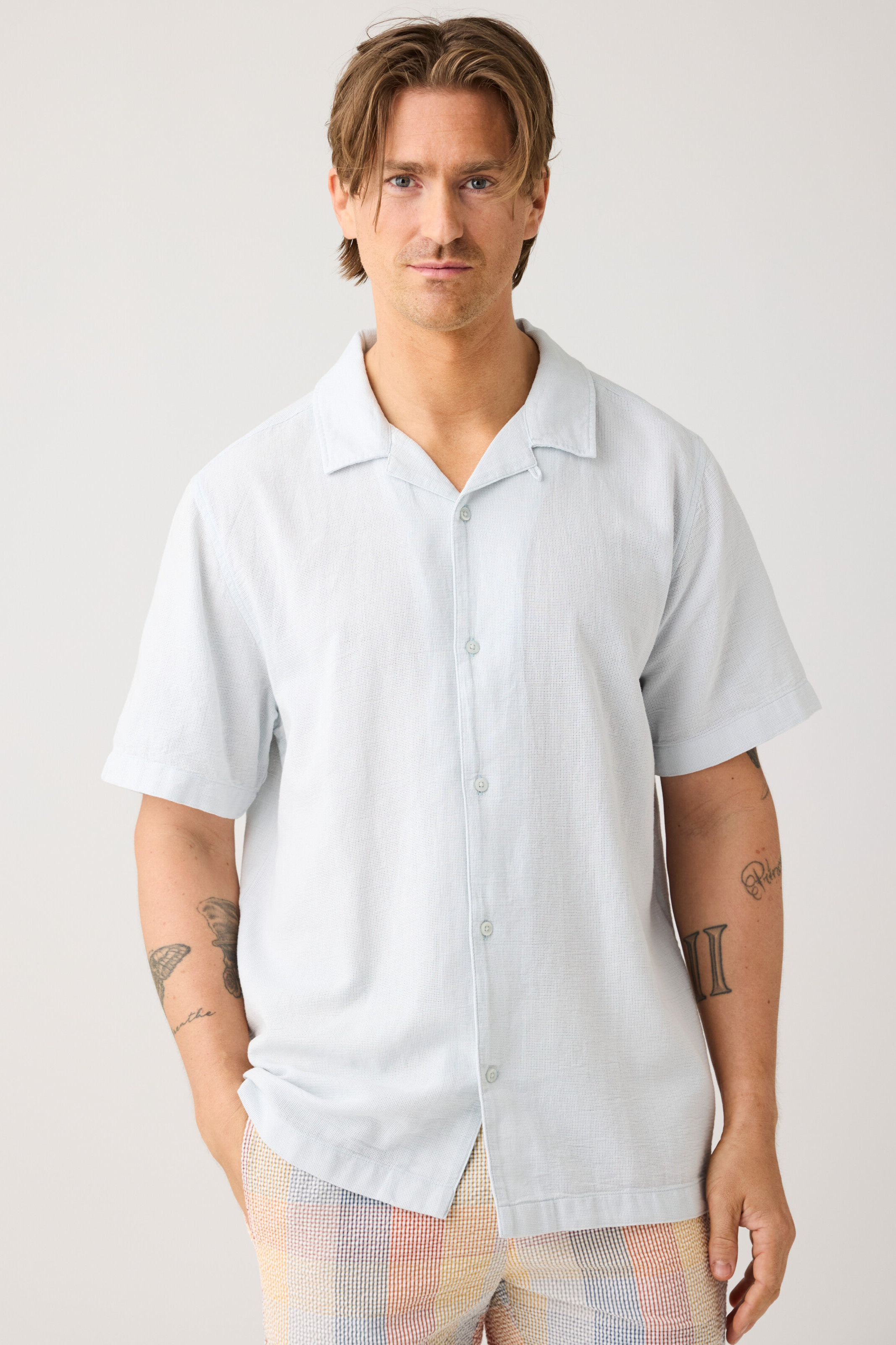 Image of KnowledgeCotton Apparel mannen vegan Overhemd Met Korte Mouwen, Relaxed Model, Lichtblauw (Skyway Light Blue)