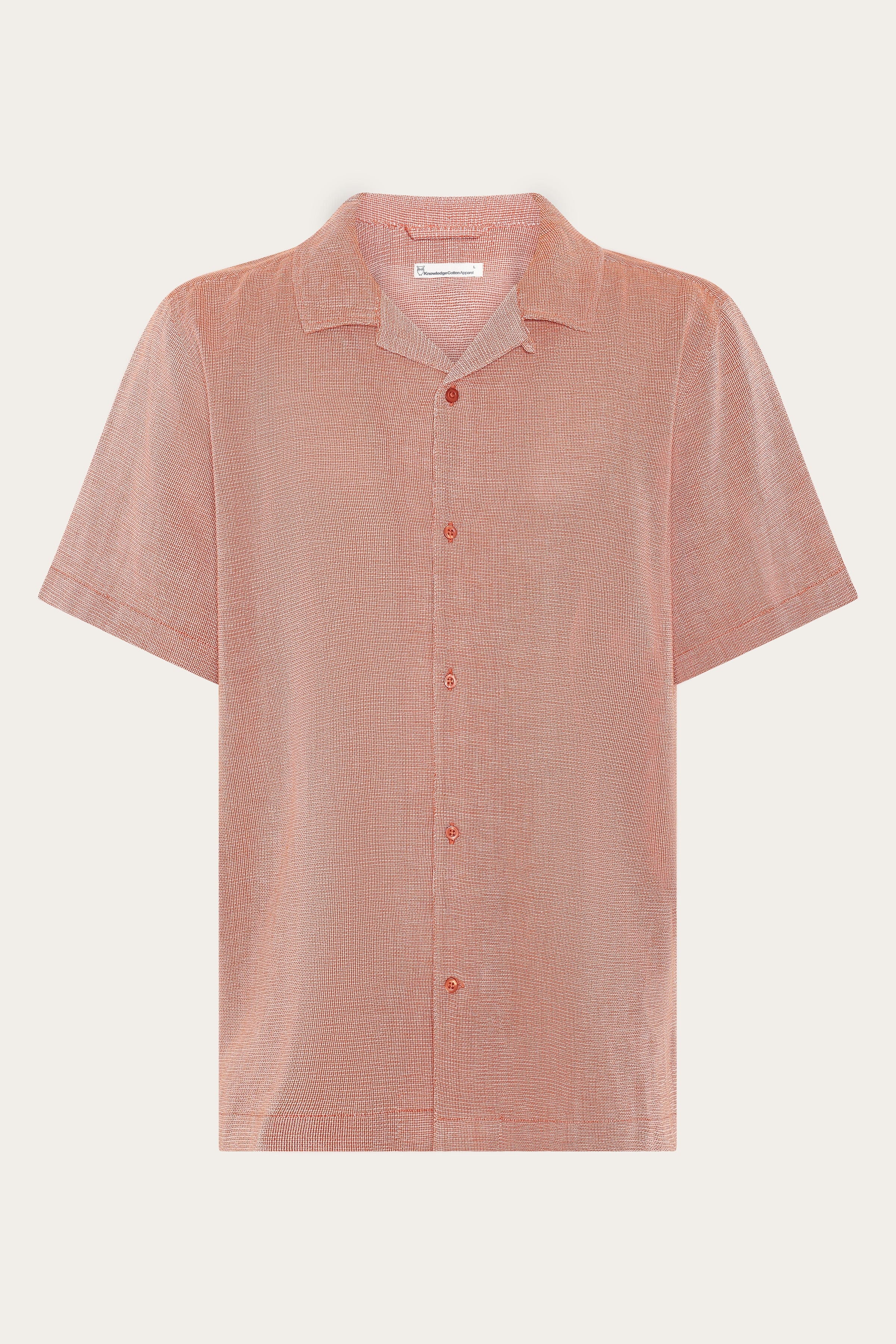 Image of KnowledgeCotton Apparel mannen vegan Overhemd Met Korte Mouwen, Relaxed Model, In De Kleur Burnt Brick.