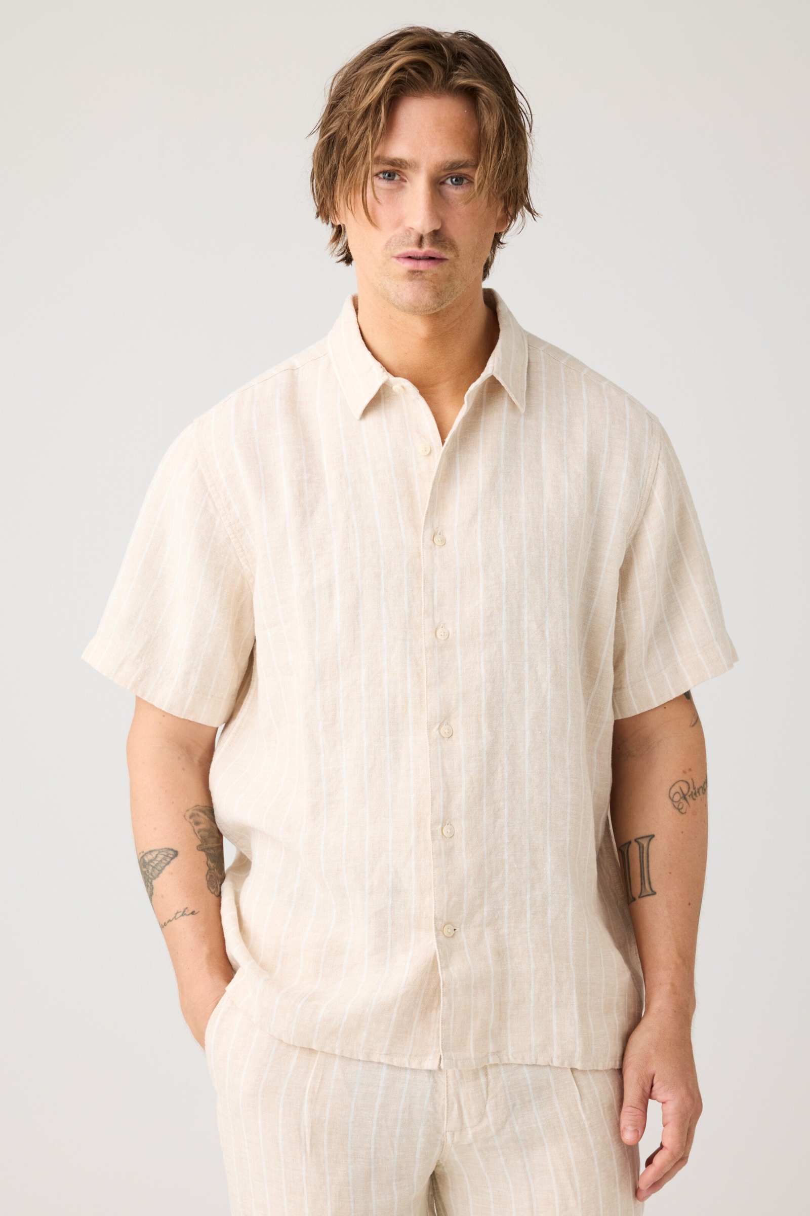 Image of KnowledgeCotton Apparel mannen vegan Overhemd Relaxed Linnen Gestreept Crème