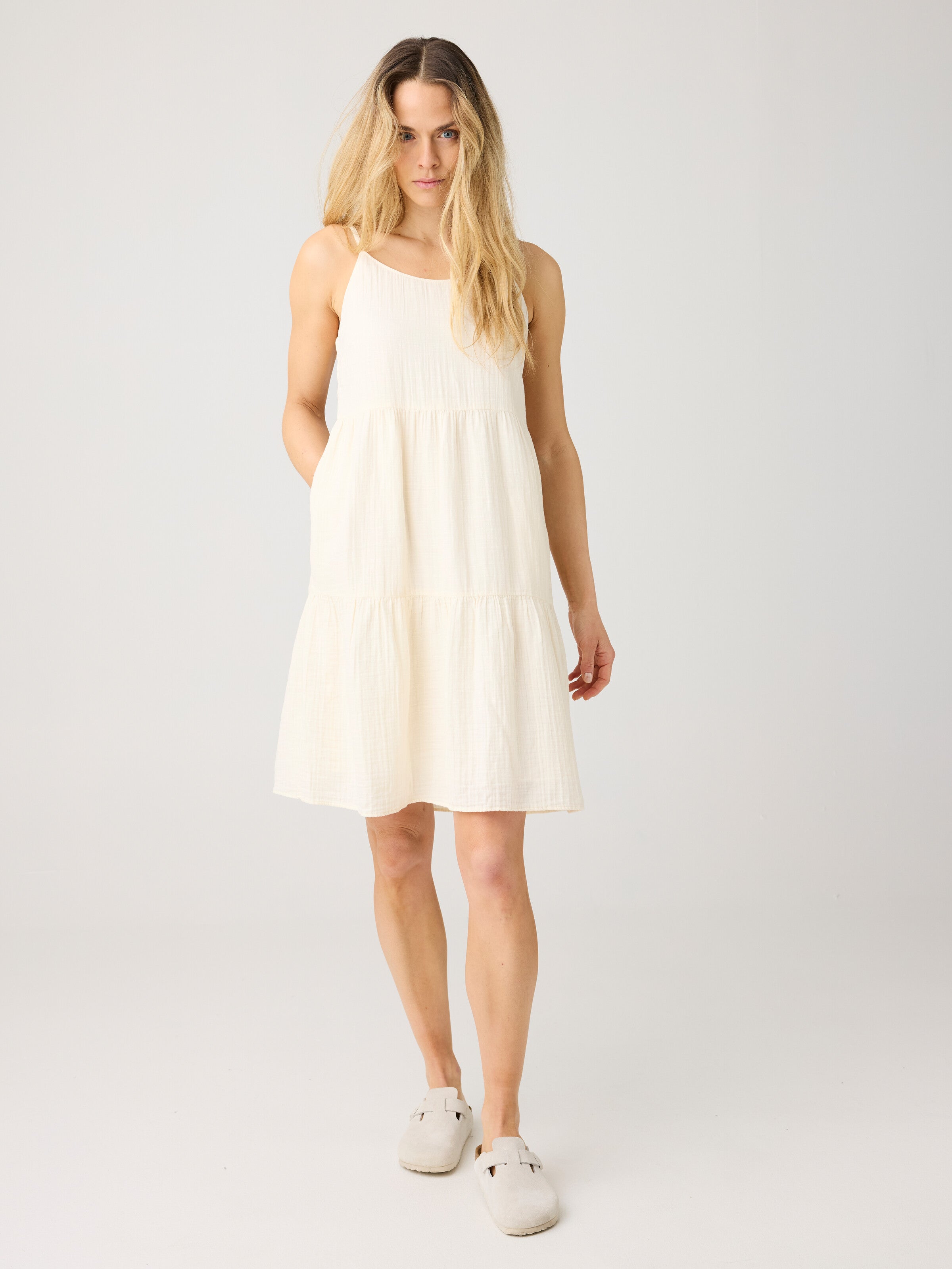 KnowledgeCotton Apparel womens vegan Dress Slub Strap Egret White