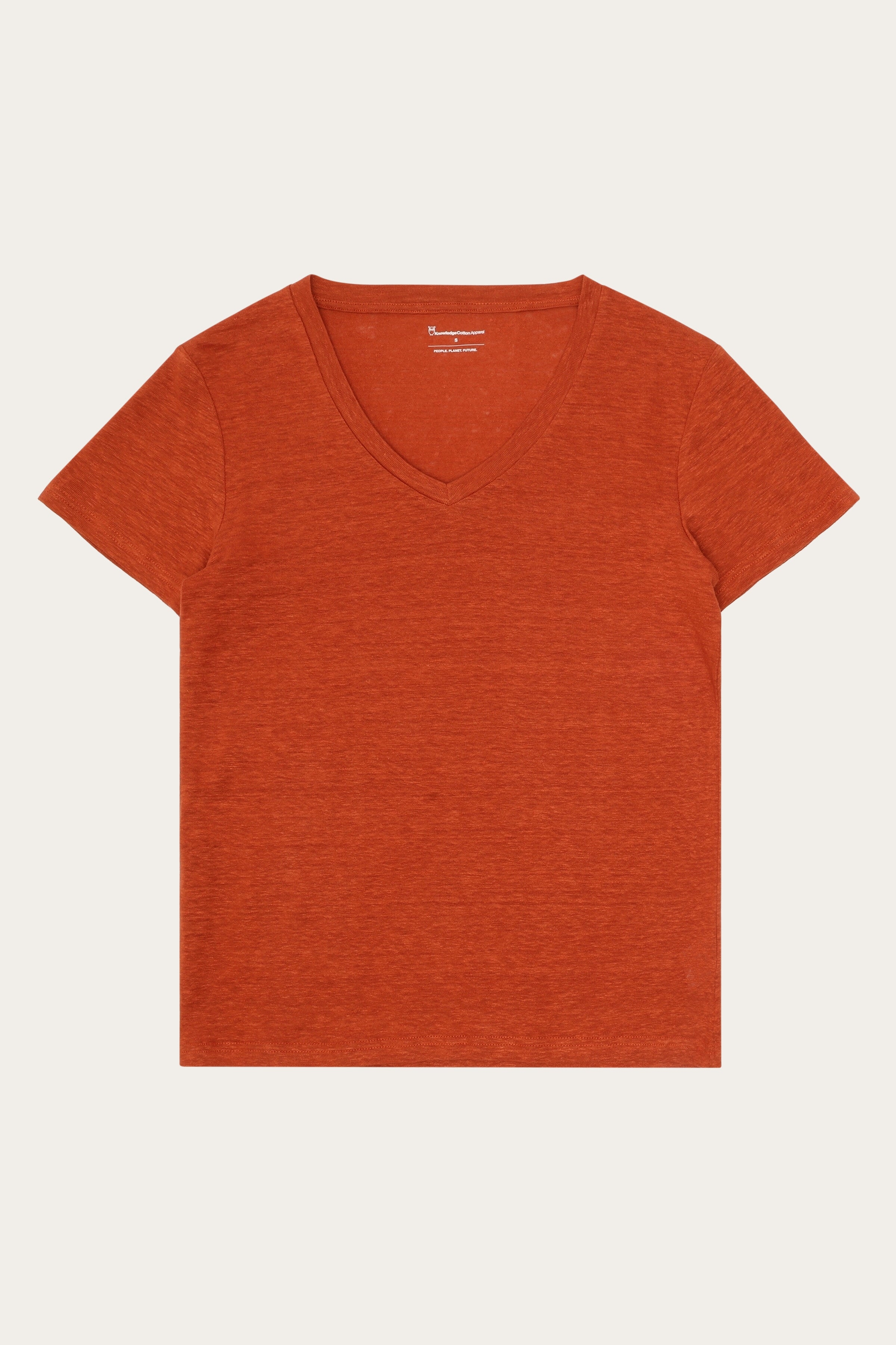 KnowledgeCotton Apparel Damen vegan T-Shirt Leinen V-Ausschnitt Gebrannter Ziegel
