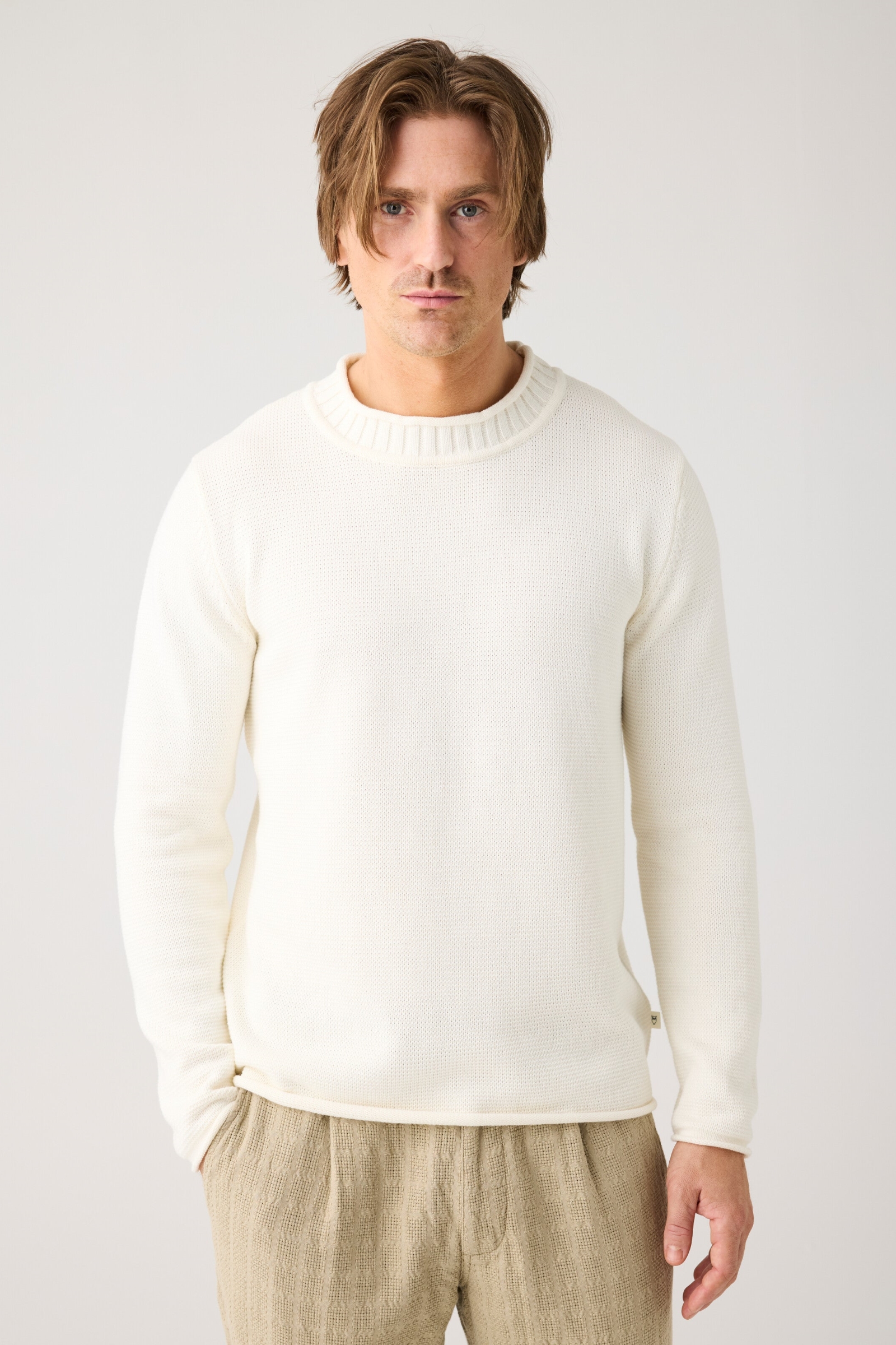 KnowledgeCotton Apparel Herren vegan Pullover Rundhalsausschnitt Egret Weiß