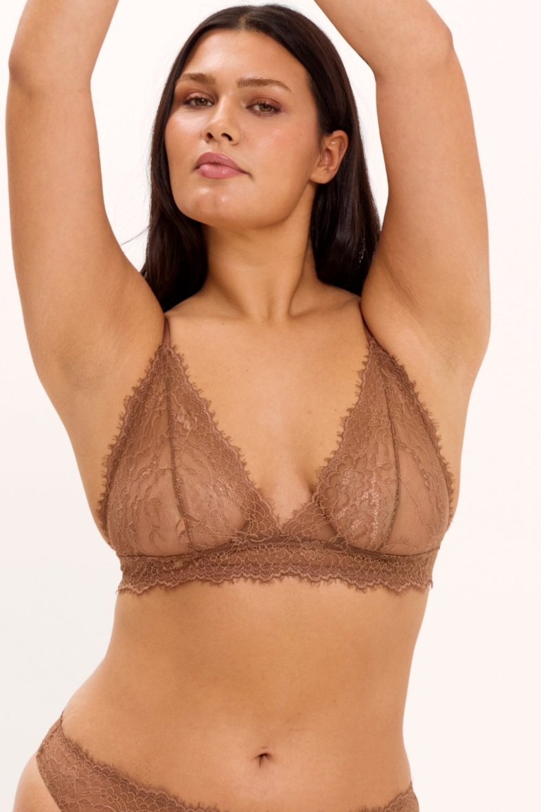 Image of Understatement dames vegan Bralette Met Kanten Driehoekjes In Mokkakleur