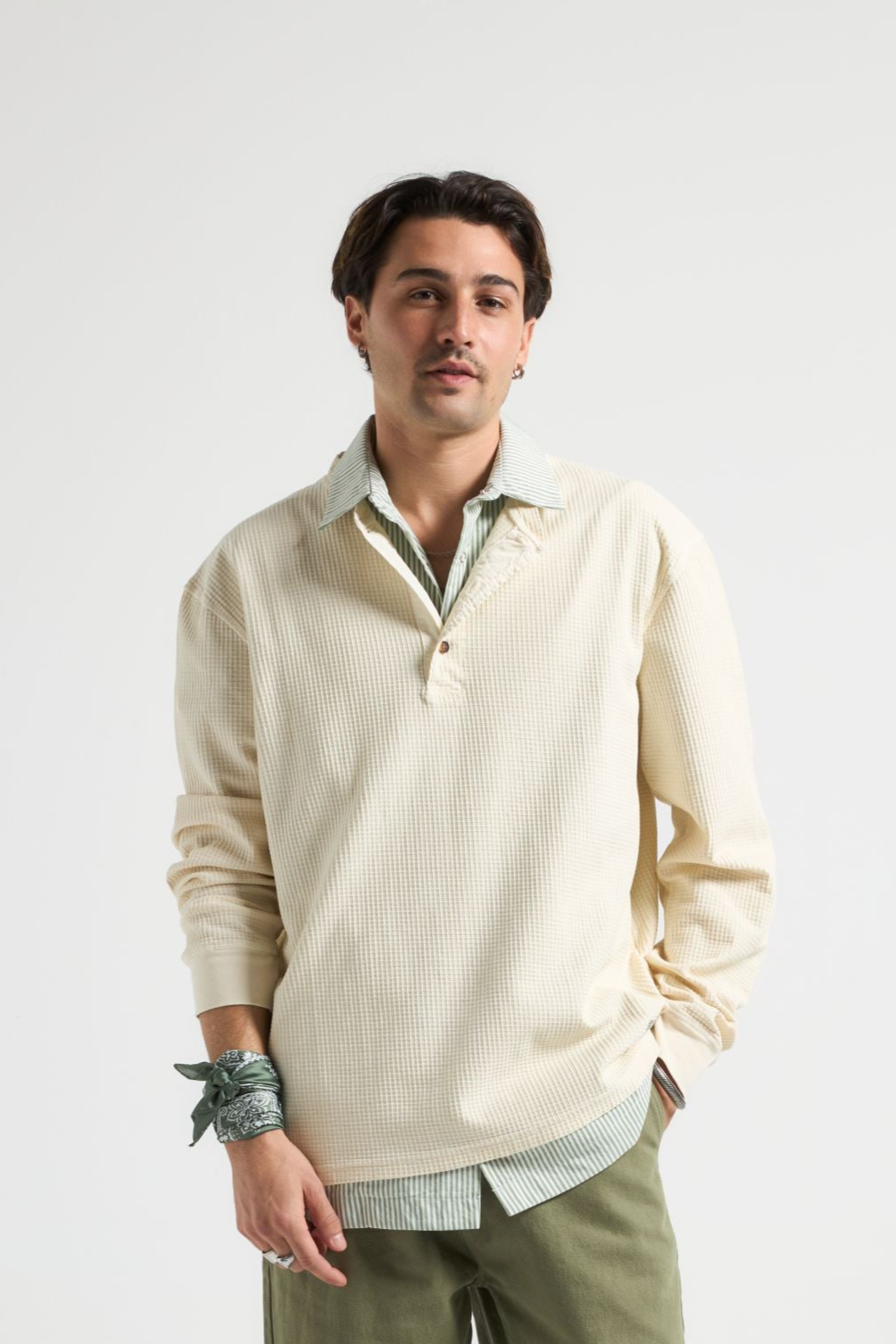 Trendsplant Herren vegan Lang&Atilde;&curren;rmeliges Deck Waffle Henley Antique White