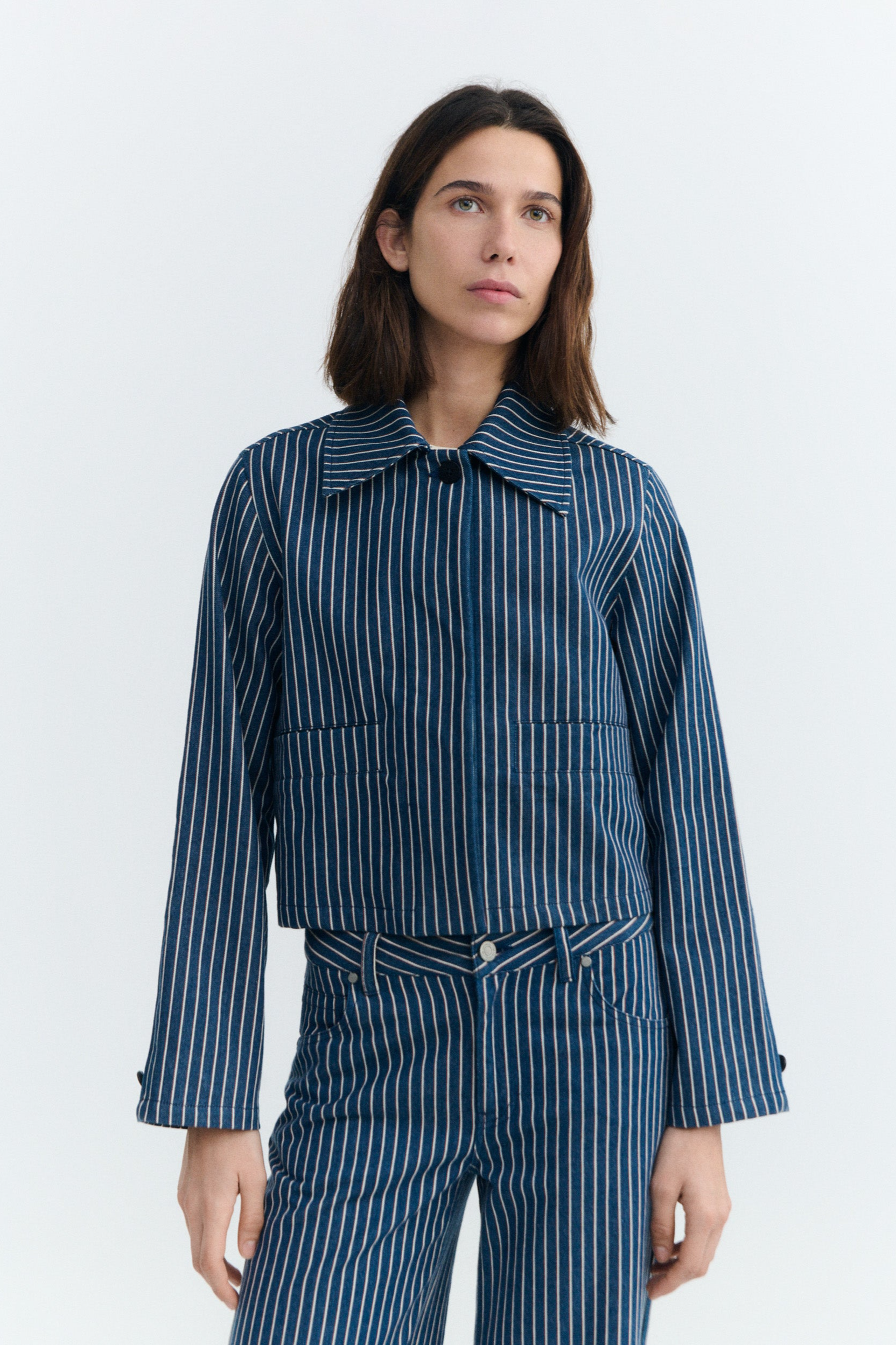 Image of Thinking MU dames vegan Jas Astrid Railway, Natuurlijke Kleurstof, Blauwe Strepen