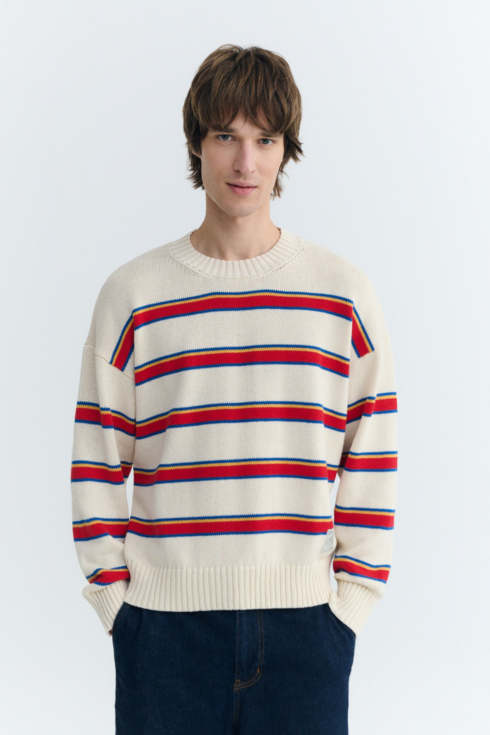 Image of Thinking MU mannen vegan Boxy Beto Gestreepte Trui In Ecru