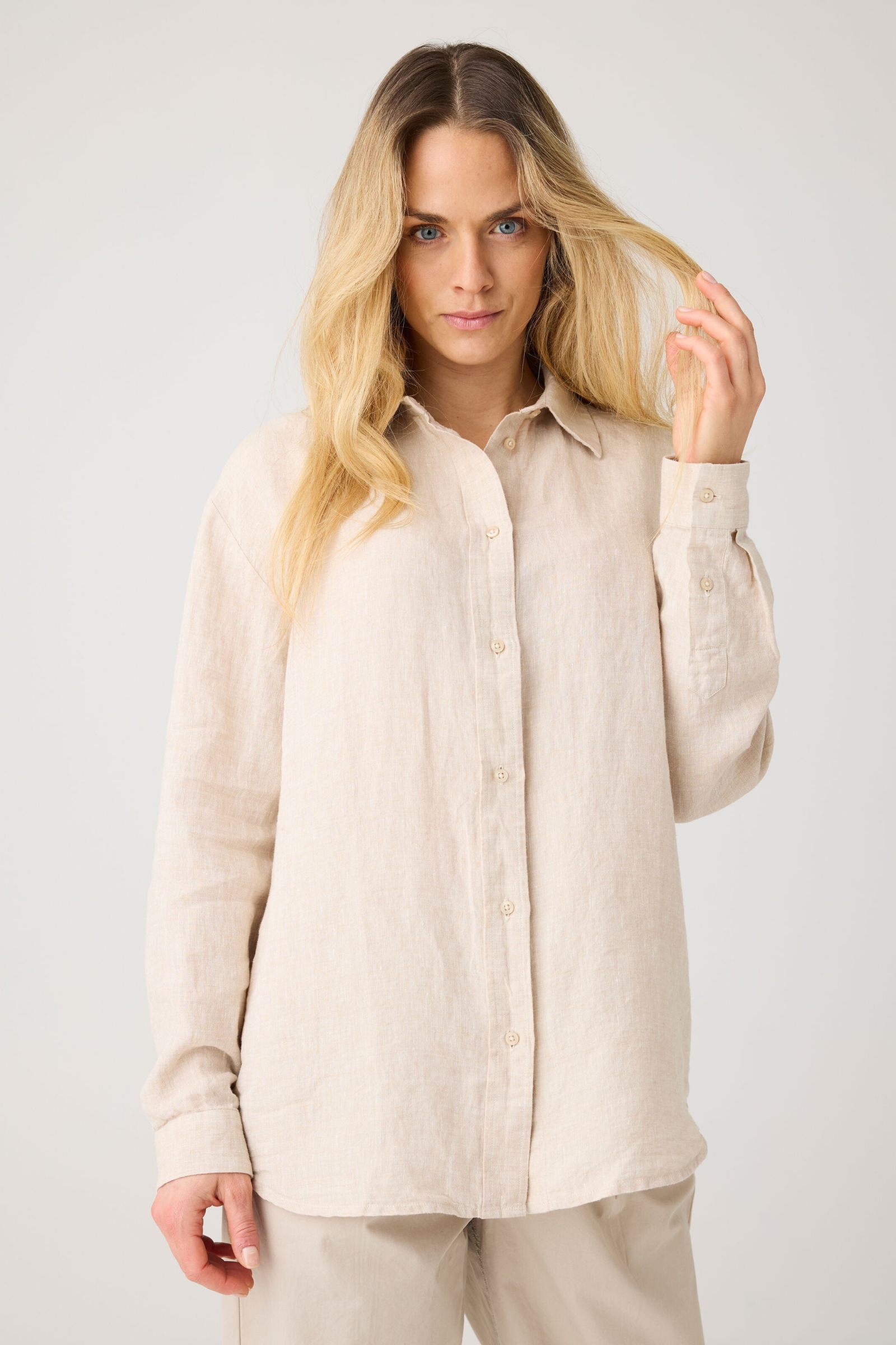 KnowledgeCotton Apparel Damen vegan Hemd Lose Leinen Helles Federgrau