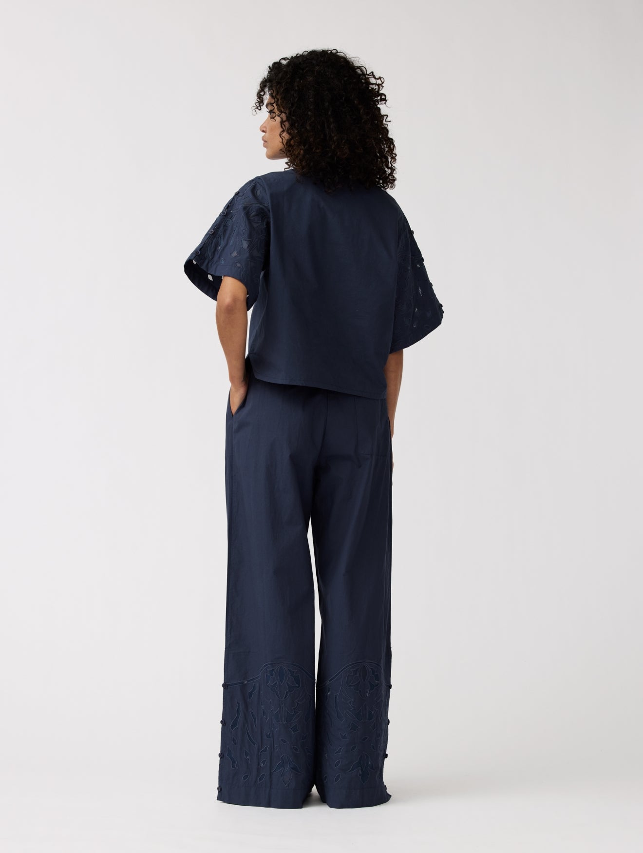 Alchemist womens vegan Pants Moonflower Embroidered Navy